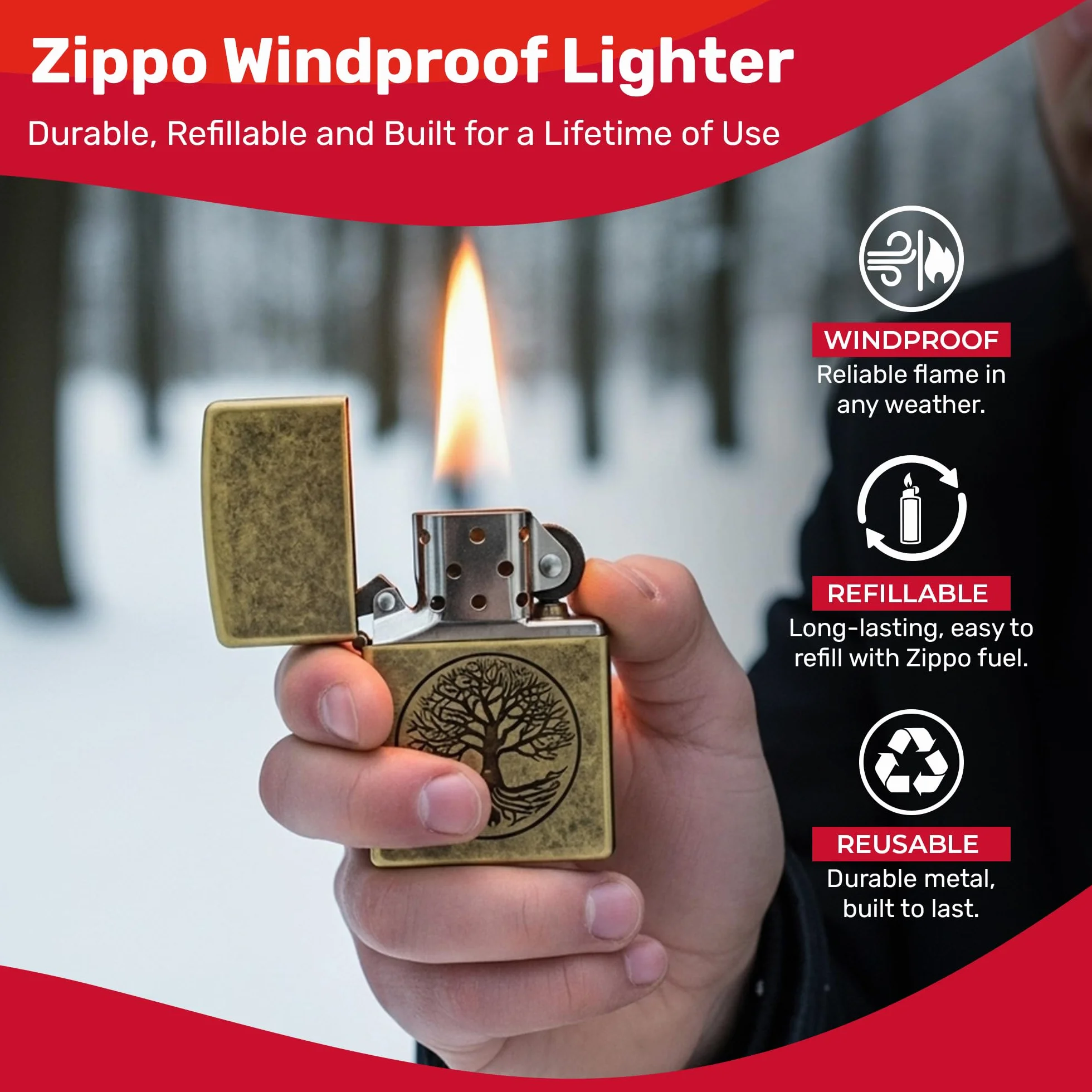 Zippo Zapalniczka Sztormowa Tree Of Life, Antyczny Mosiądz, Lustro, Wielokrotnego Użytku, Wiatroszczelna Konstrukcja, Pudełko Prezentowe, Wyprodukowana w USA