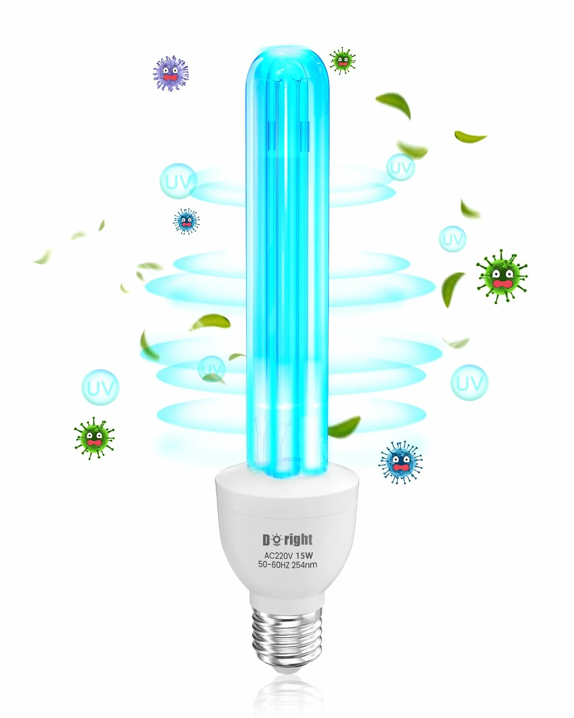 DoRight 15W Lampa bakteriobójcza UV Żarówka UV 254nm E27 z ozonem UVC Silna sterylizacja i dezynfekcja AC220-240V Idealna do kuchni, sypialni, salonu, biura i szkoły (1 szt.)