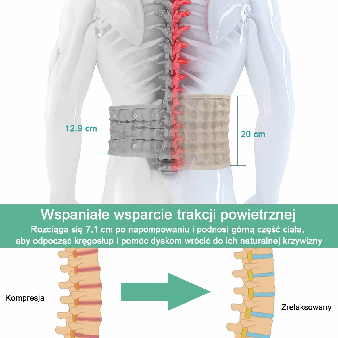 HONGJING Nadmuchiwany pas dekompresyjny lędźwiowy do łagodzenia bólu pleców - Urządzenie do ciągnięcia dolnej części pleców, jeden rozmiar 29-49