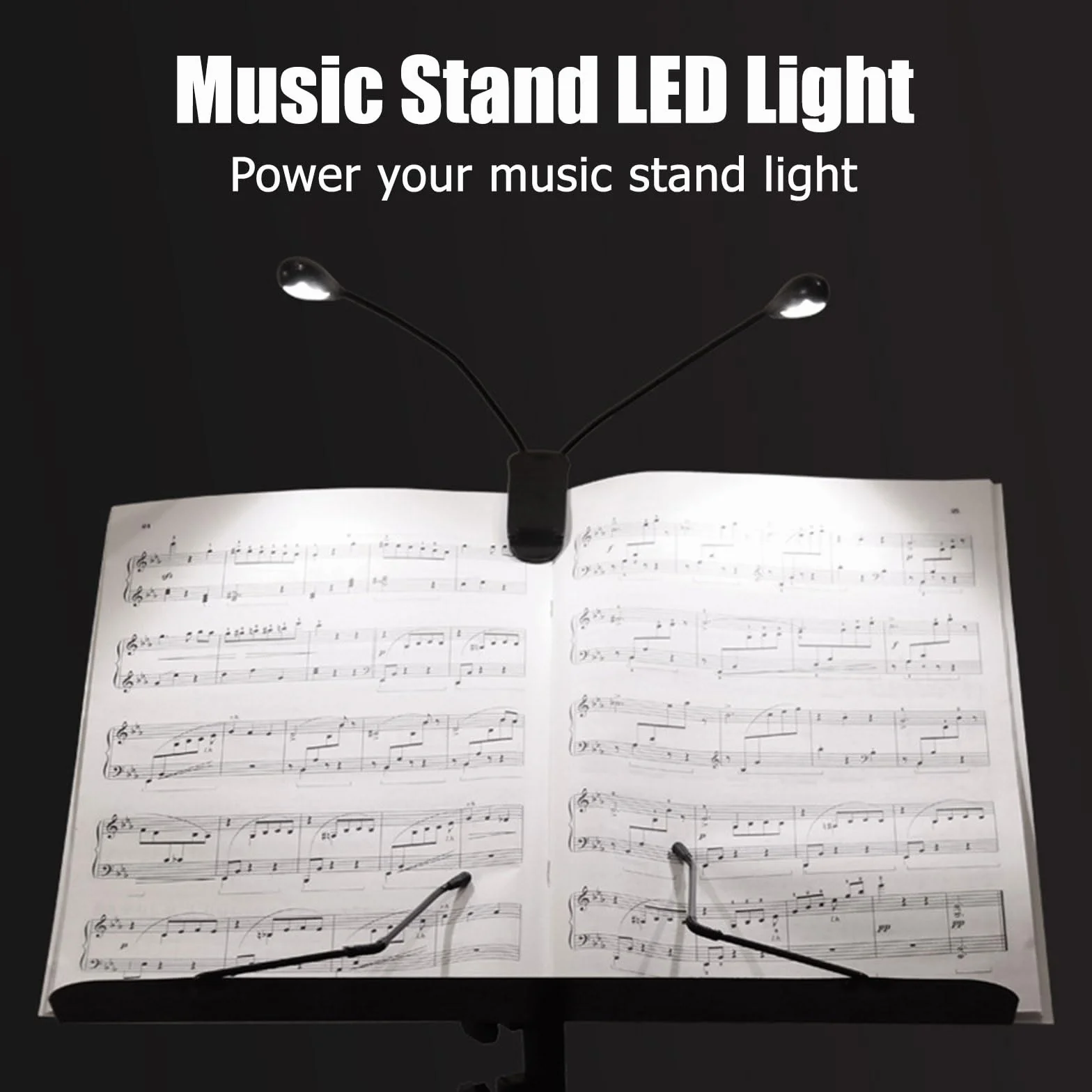 Cerioll Muzyczna lampka do stoiska, muzyczna lampka do czytania, podwójna głowica do czytania, 4 lampki LED z kablem USB, na fortepian, biurko, stojak na stół, czarny, 2 szt