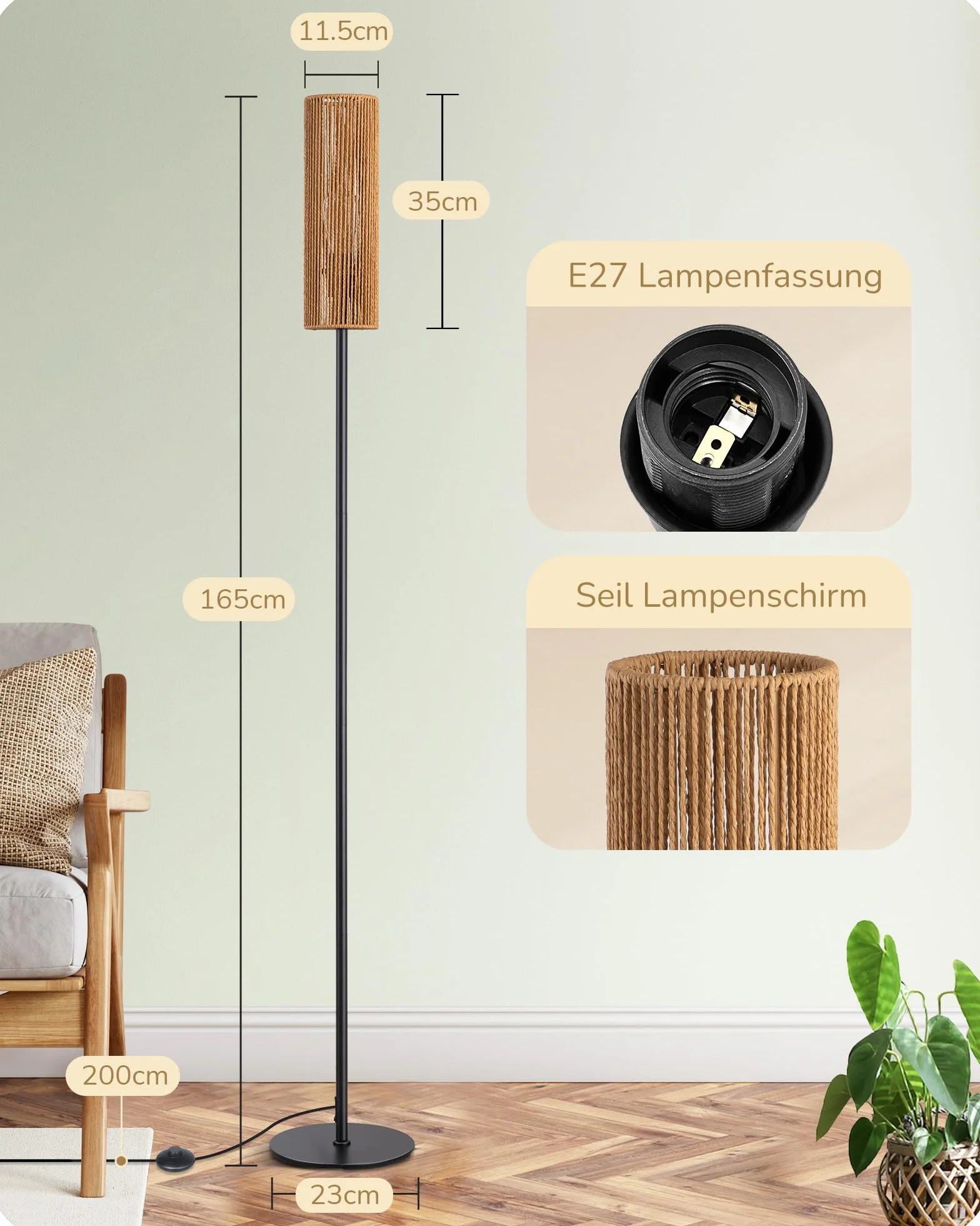 EDISHINE Lampa stojąca LED do salonu, lampa stojąca z abażurem z tkanej liny, lampa stojąca vintage 2700 K, styl boho, E27, do sypialni, pokoju dziecięcego lub sofy narożnej, wysokość 165 cm
