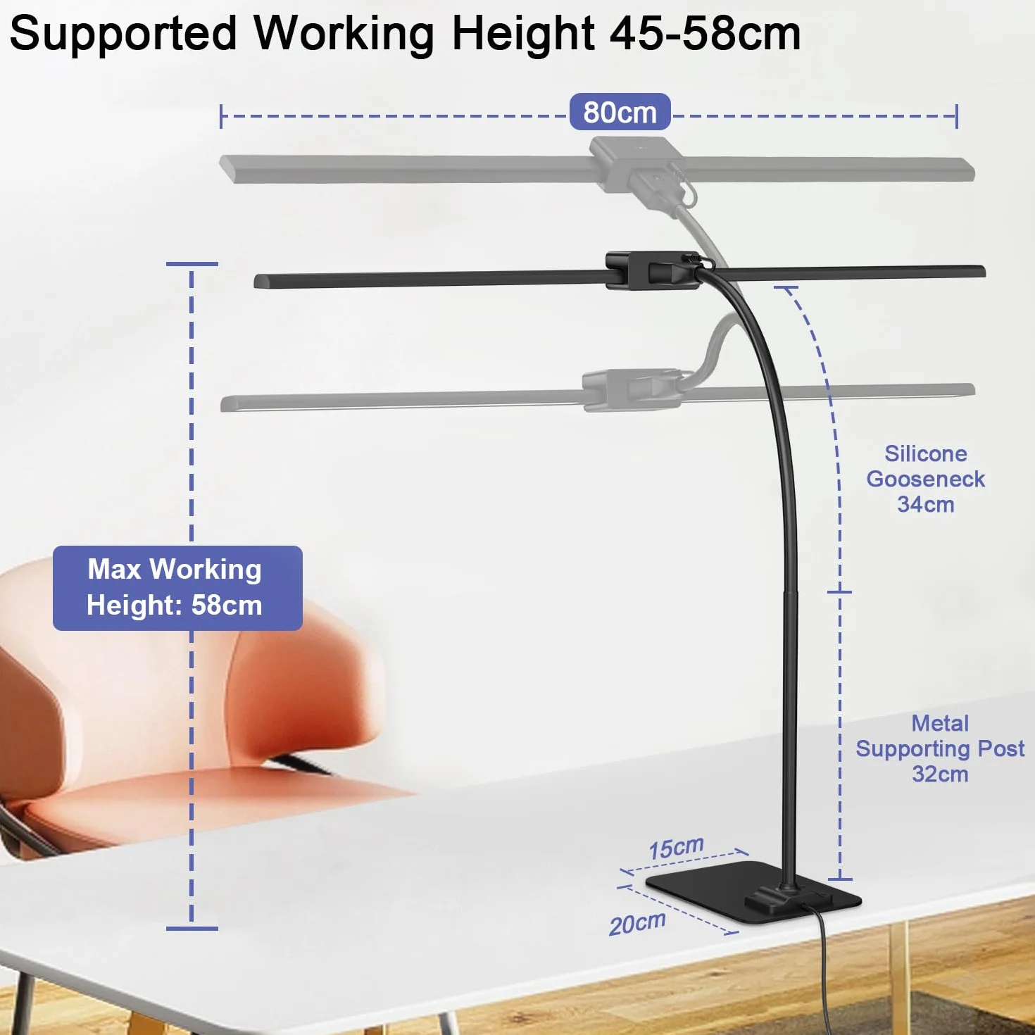 Lampka biurkowa LED 24 W, podwójna głowica, podstawa, 80 cm | Elastyczne ramię, Czułe sterowanie dotykowe, Wiele trybów oświetlenia, Ochrona wzroku bez migotania, Funkcja pamięci