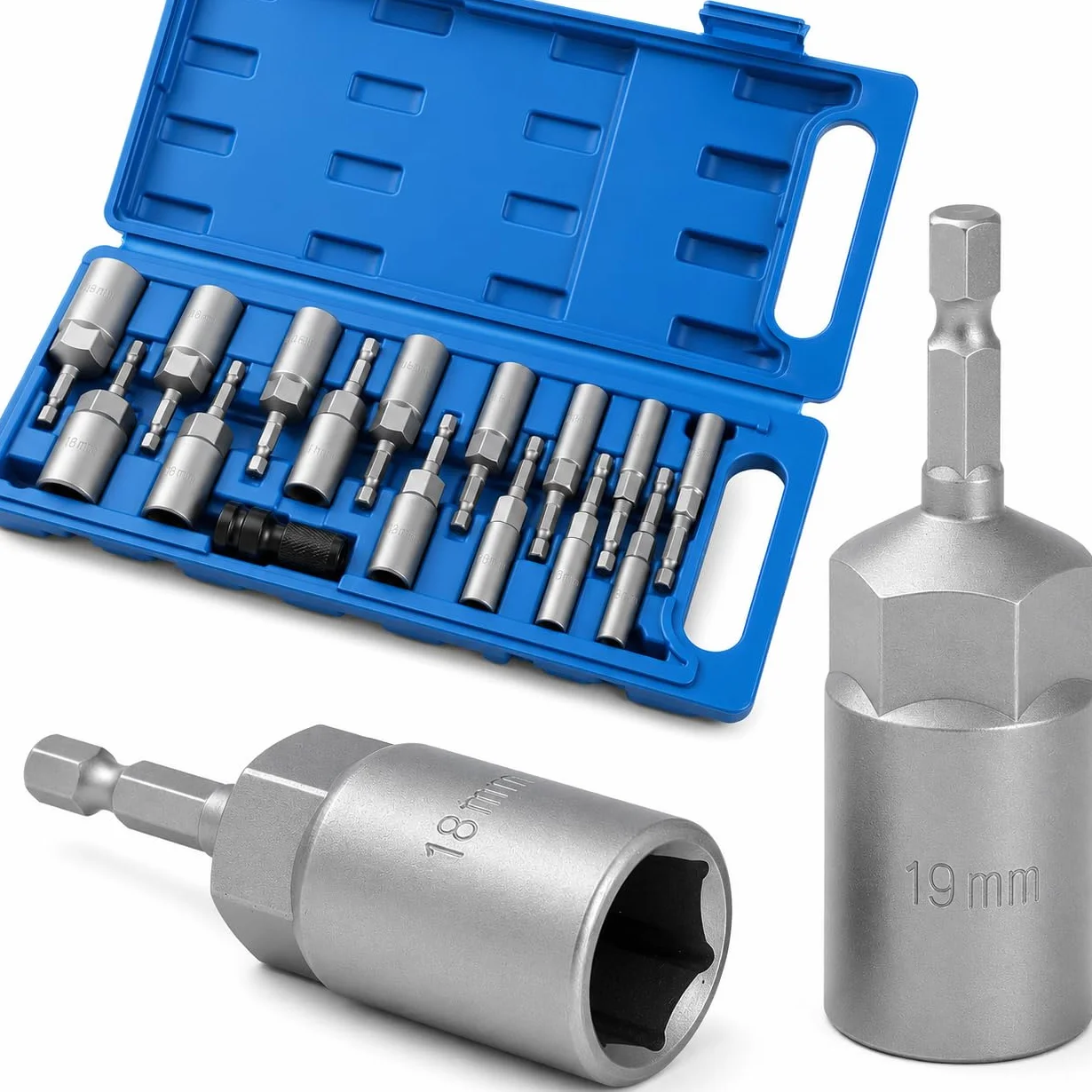 KATSU Tools 16 szt. wkrętak do nakrętek, zestaw głębokich nasadek, metryczny, 5,5-19 mm, 1/10.2 cm, z chwytem sześciokątnym, magnetyczny, do wiertarki elektrycznej, długość 80 mm