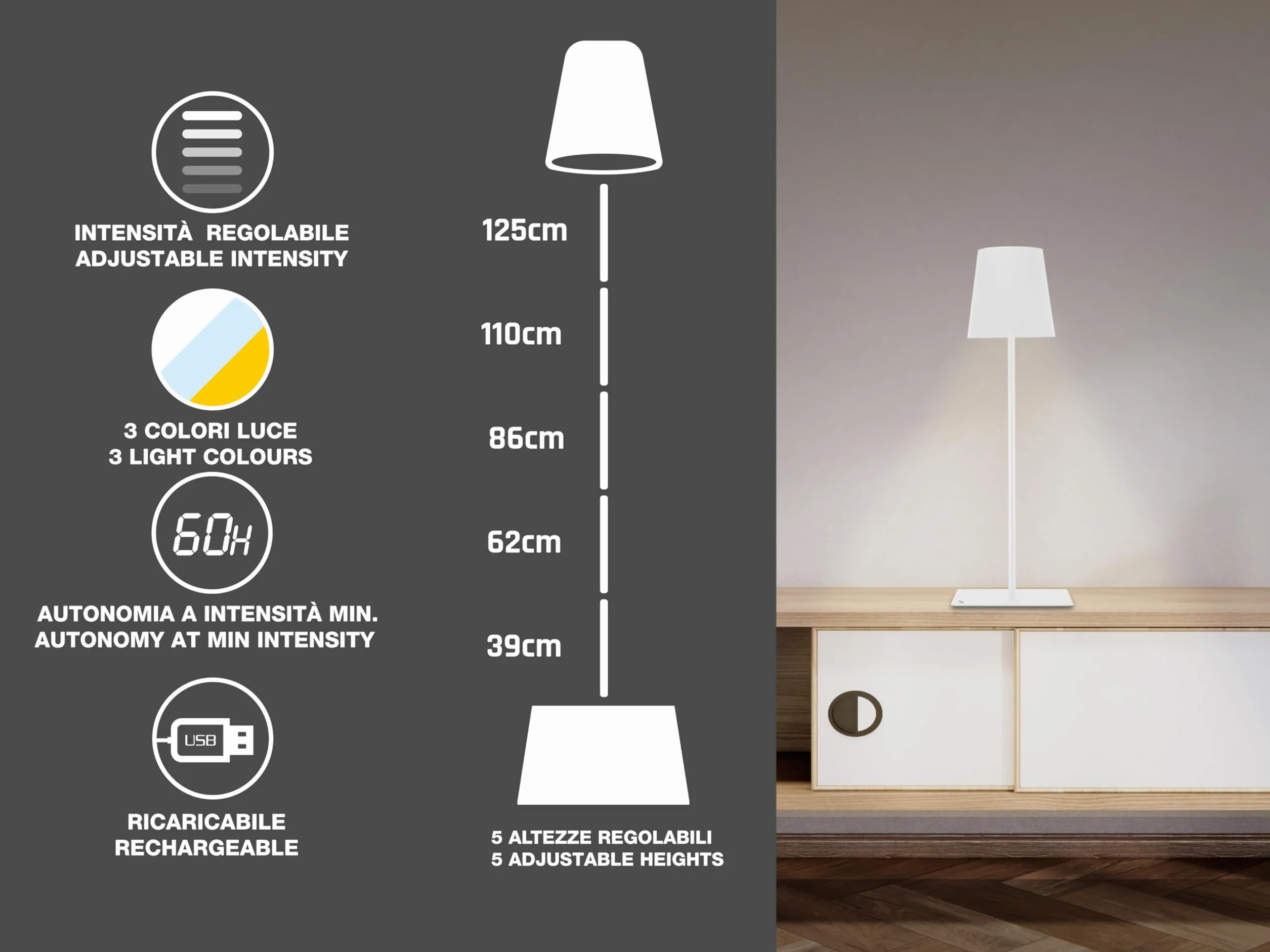BEPER P201UTP404 XL Lampa Podłogowa z Regulacją Wysokości, Lampa Biurkowa 2.5W, Kabel USB Typu C do Ładowania, 3 Klosze, Biały