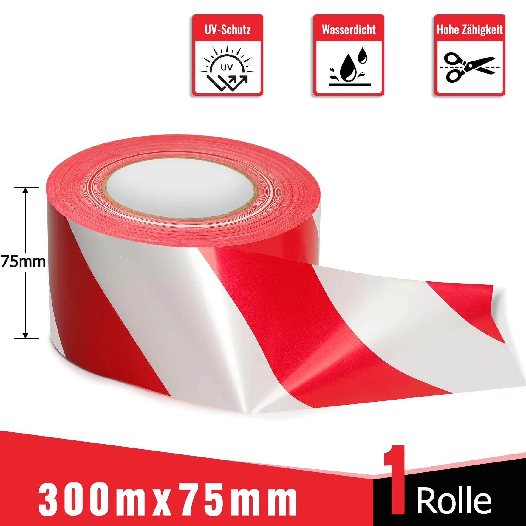 Taśma Barierowa Czerwono-Biała 300 m x 75 mm, Taśma Trzepocząca o Wysokiej Odporności na Rozdarcie, Taśma Ostrzegawcza z Stabilnym Kolorem, Odpowiednia do Ostrzeżenia w Obszarach Niebezpiecznych
