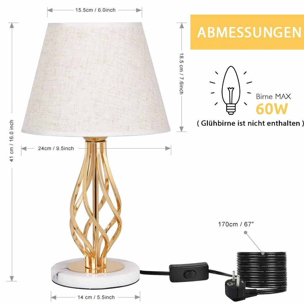 LIANTRAL Lampki nocne 2-częściowy zestaw nowoczesna lampa stołowa Marmurowa podstawa lniany klosz Złota ramka