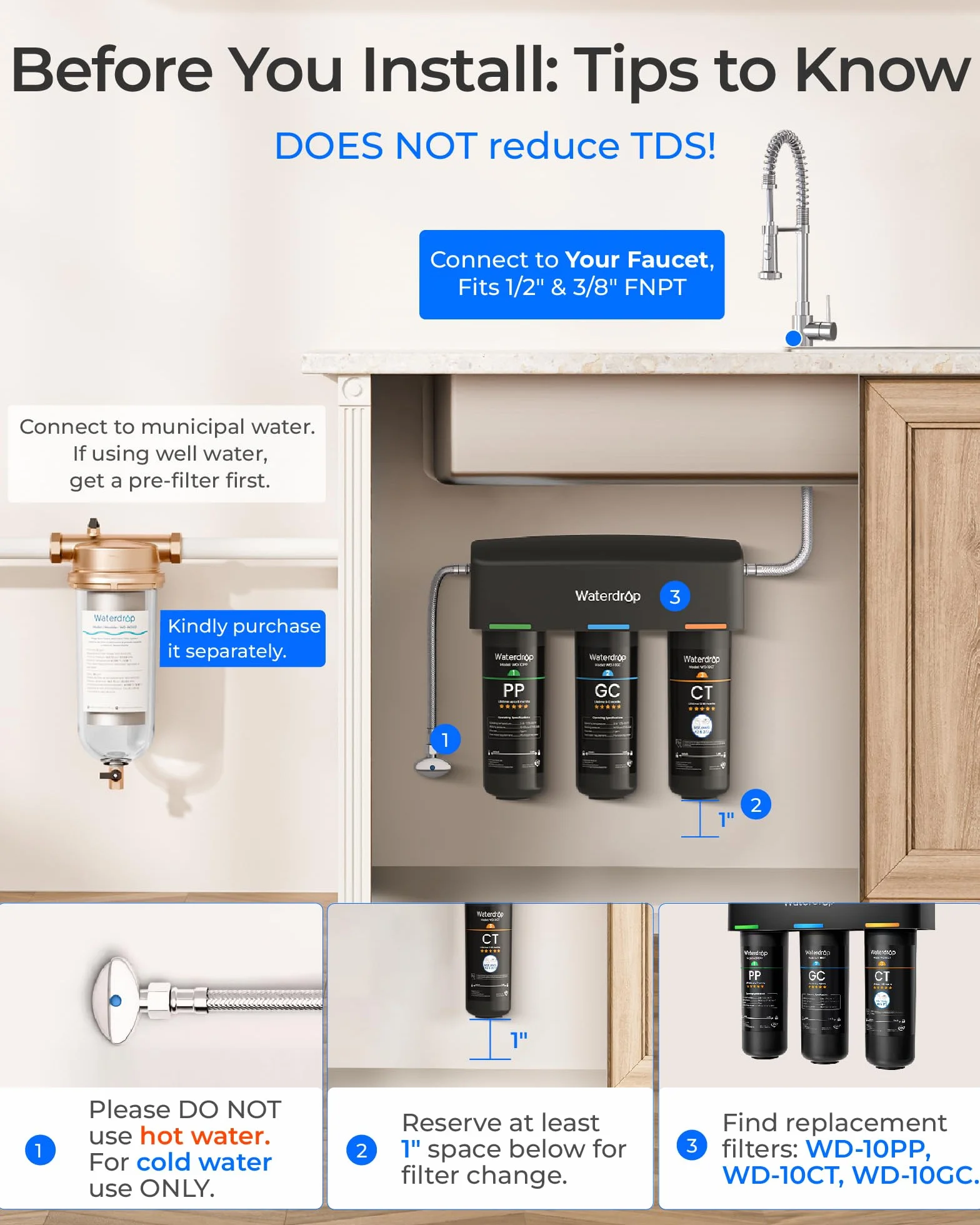 Waterdrop TSA system filtrowania wody pod zlewem, 3-stopniowy system filtracji wody o dużej pojemności, certyfikat NSF/ANSI 42, redukcja PFAS, PFOA/PFOS, redukcja ołowiu, chloru, złego smaku