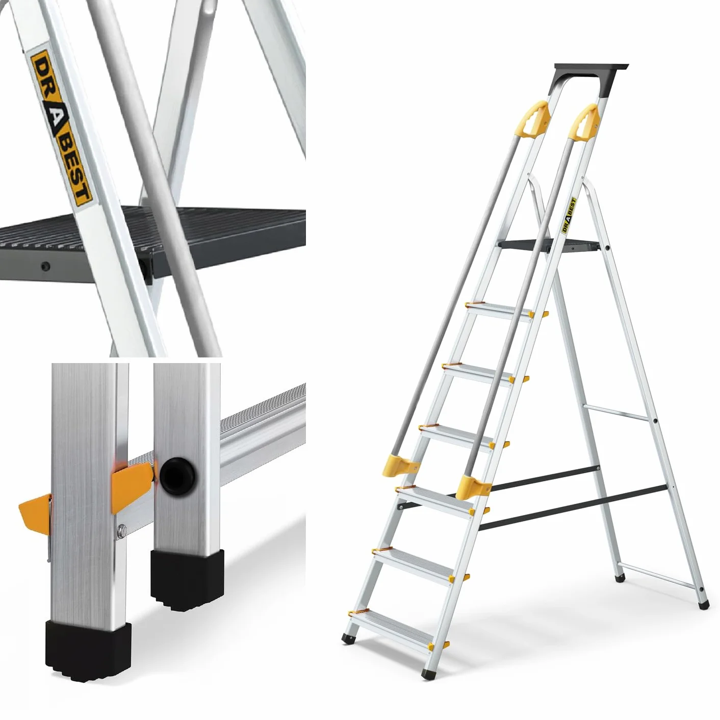 Drabest SERIA PRO 7-Stopniowa Aluminiowa Drabina Domowa Z Poręczami 150 KG - Drabina Aluminiowa - Drabiny Wielofunkcyjne - Składana Drabina Składana - Drabiny Aluminiowe - 50 X 217 X 12 Cm