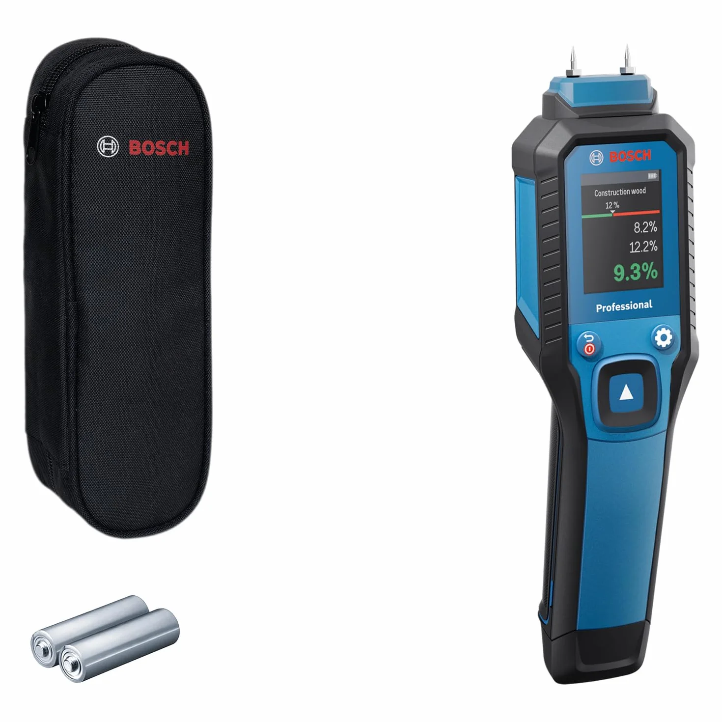 Bosch Professional Wilgotnościomierz GMP 1-13 (z pinami, mierzy 37 rodzajów drewna i 10 rodzajów materiałów budowlanych, IP65, wyświetlacz LCD o wysokim kontraście, 2 baterie AA, pokrowiec)