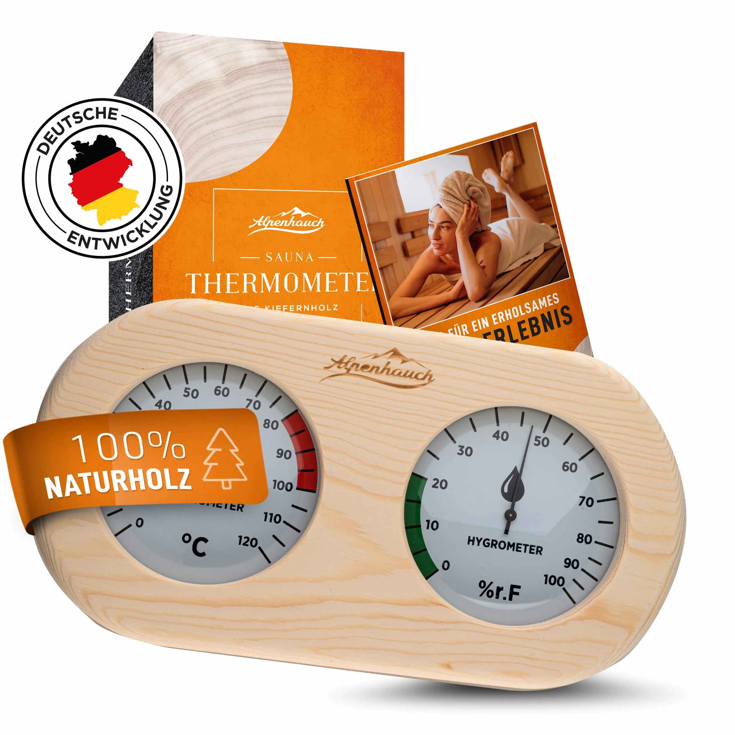 ALPENHAUCH Termometr Hygrometer do Sauny Drewno 2w1 z Hartowanym Szkłem Automatyczna Kalibracja