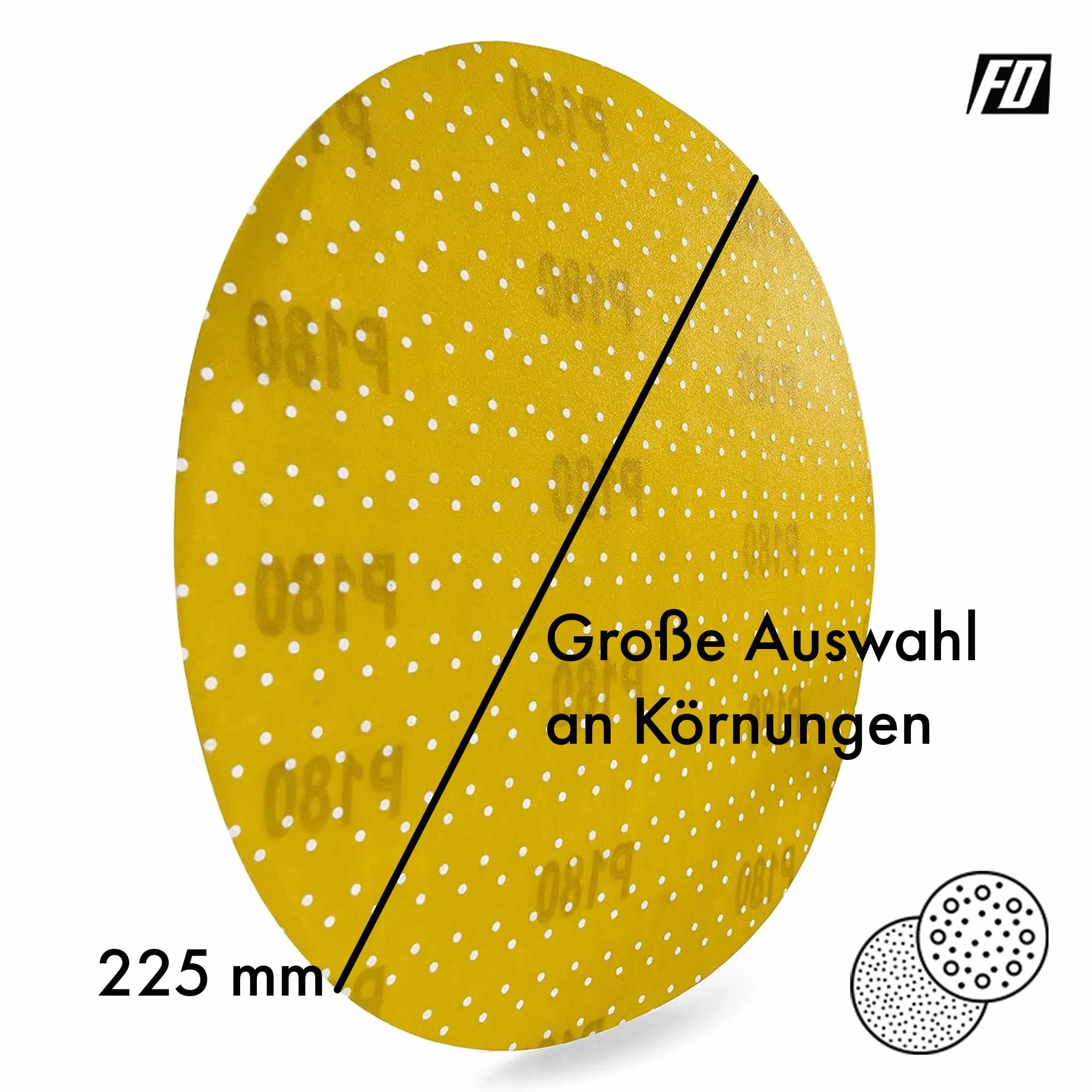 Profesjonalne tarcze szlifierskie │ żółte │ 25 sztuk │ Ø 225 mm │ po 5 x ziarnistość 60/80/120/180/220 │ do szlifierek z długą szyją │ samoprzylepne │ arkusze szlifierskie │ talerze szlifierskie │ marki FD-Workstuff