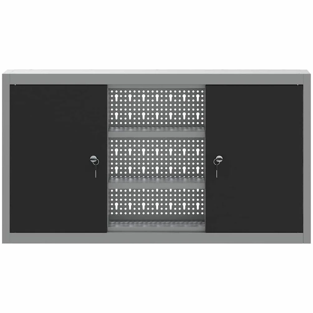 Szafka na narzędzia z regałem czarna i szara, 100 x 20 x 55 cm, stabilna metalowa szafka z zamkiem, regulowane półki do warsztatu, garażu, piwnicy i dla majsterkowiczów
