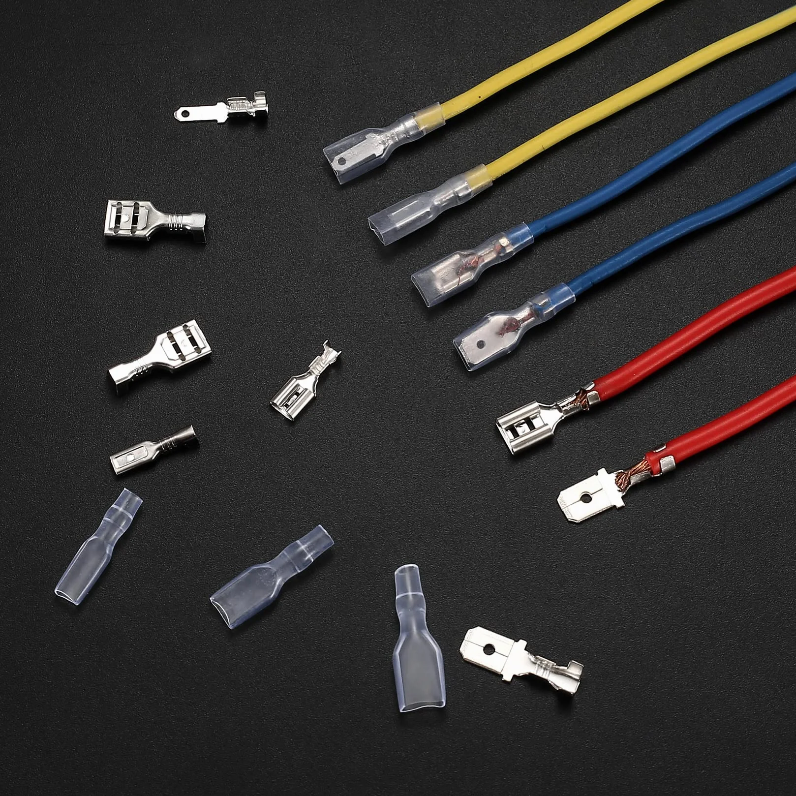 Zestaw końcówek kablowych, 360 szt., płaskie tulejki wtykowe, 2,8 mm, 4,8 mm, 6,3 mm, męskie i żeńskie wtyczki kablowe z tuleją izolacyjną, elektryczne złącze zaciskowe