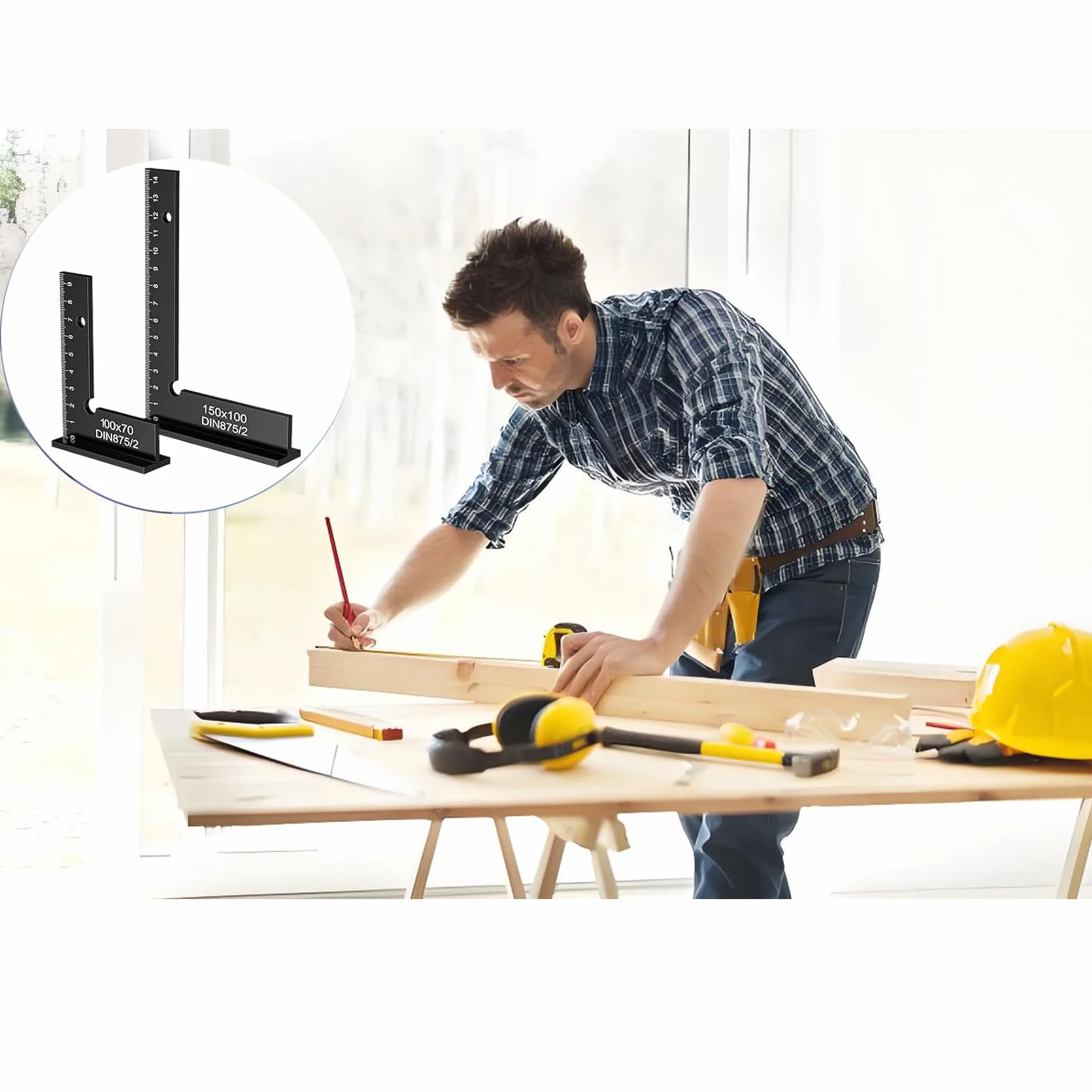 Ylinwtech Precyzyjny kątomierz kwadratowy, zespół stolarski, kwadratowa linijka w kształcie litery L 90,150 x 100 mm, 100 x 70 mm, odpowiednia do pomiarów stolarskich