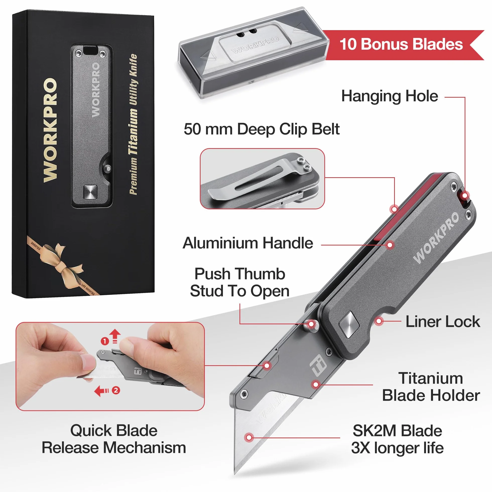 WORKPRO Titanium CNC nóż hobbystyczny z dodatkowymi 10 ostrzami, aluminiowym uchwytem
