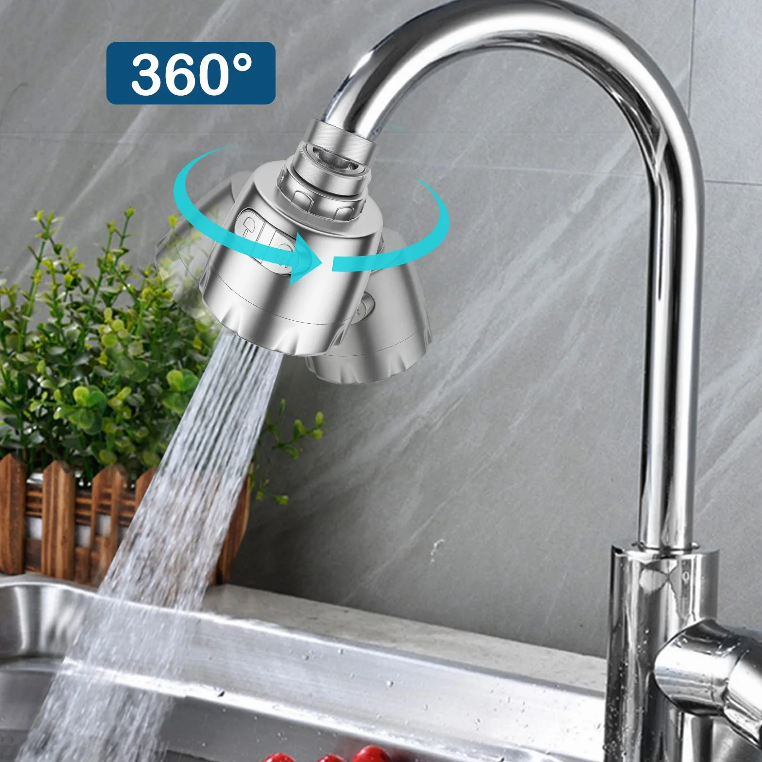 Vinabo Filtro Rubinetto kran kołyskowy, obrotowy 360°, napowietrzacz, oszczędzający wodę, regulator głowicy natryskowej, dysza głowicy natryskowej do kuchni, łazienki, 2 tryby, srebrny