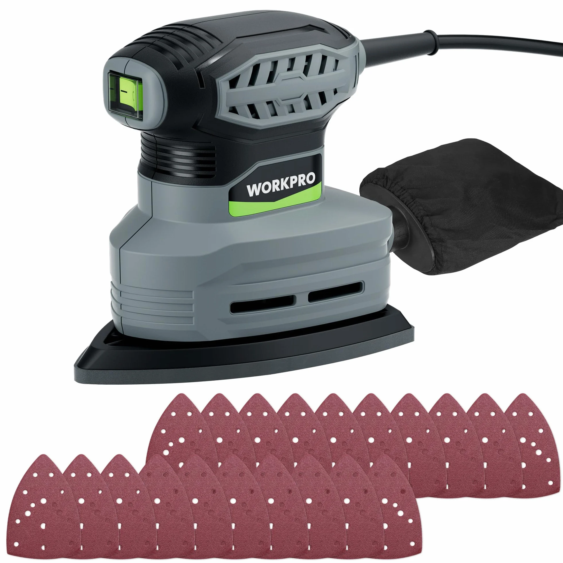 WORKPRO Szlifierka Delta 130W, Szlifierka Trójkątna z Odsysaniem Pyłu, 13 000 Obr./min, Szlifierka Wielofunkcyjna z 20 Papierami Ściernymi 150×100 mm, Szlifierka Typu Mysz