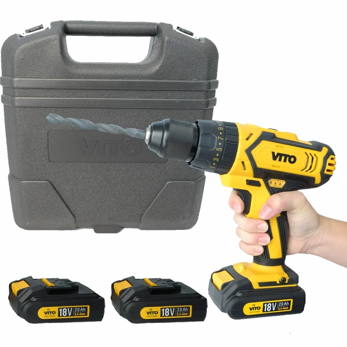 Wiertarka wkrętarka 18V VITOPOWER + 3 akumulatory LITHIUM 2.0 Ah walizka 18 akcesoriów