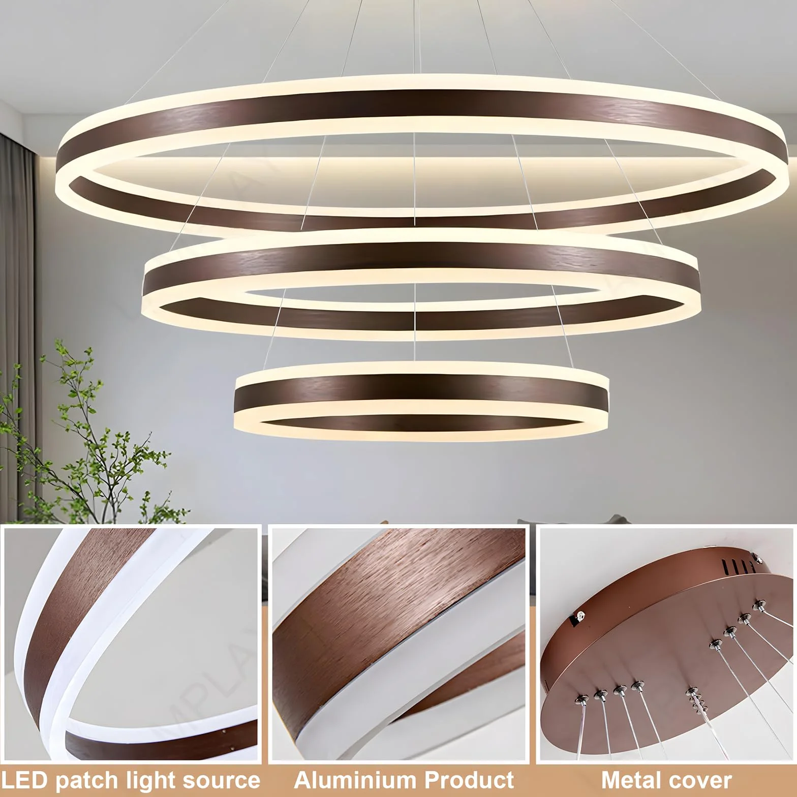 Okrągła Nowoczesna Lampa Wisząca LED, 3 Brązowy Żyrandol Pierścieniowy, Ściemniana Za Pomocą Pilota 3000K-6000K Lampa Sufitowa, Regulowana Wysokość, Salon Sypialnia Jadalnia (60+80+100cm)