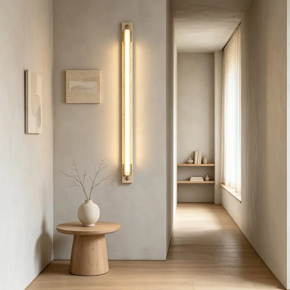 YUPIN Wabi Sabi Minimalistyczna Lampa Ścienna Z Trawertynu Długa LED Lampa Ścienna Z Naturalnego Kamienia Z Drewnianą Nowoczesna Liniowa Kinkiet W Skandynawskim Do Salonu Korytarza Sypialni(B,100cm)