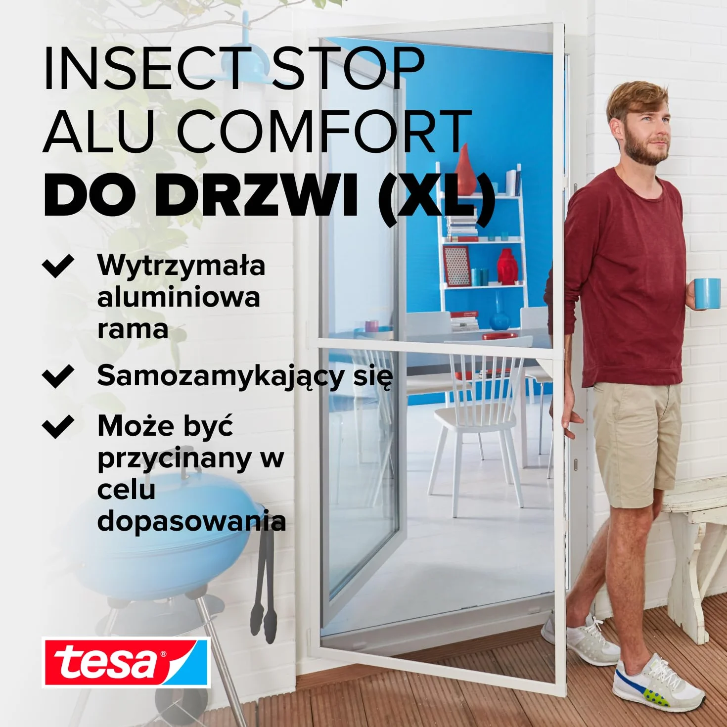 tesa INSECT STOP Aluminium For Doors Frame Fly Screen XL - siatka z ramą aluminiową, czysty widok, biały - 120 x 240 cm