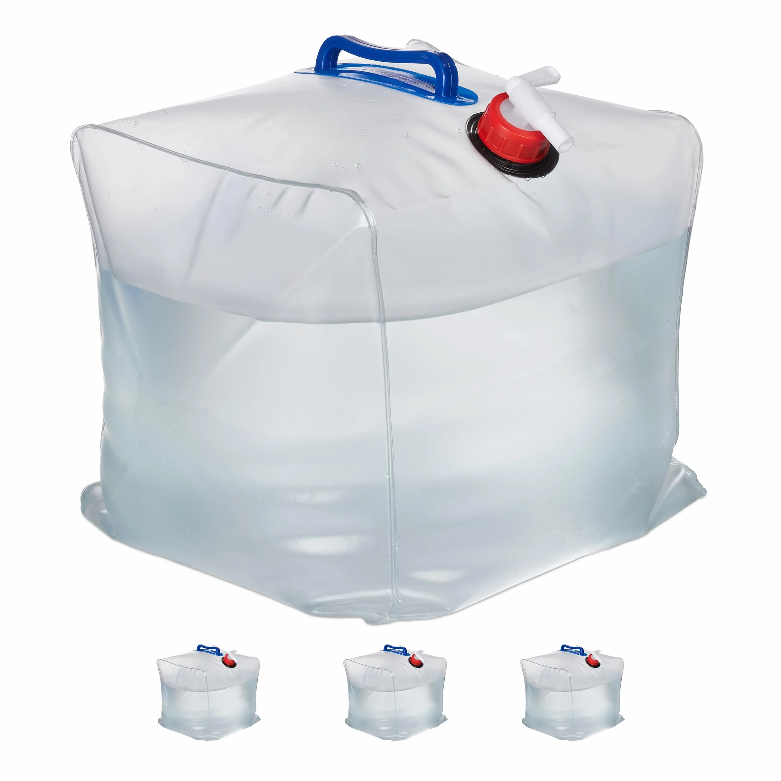 Relaxdays Kanister na wodę, zestaw 4 sztuk, 20 l, składany, kranik, uchwyty, kanister kempingowy, tworzywo sztuczne bez BPA, przezroczyste