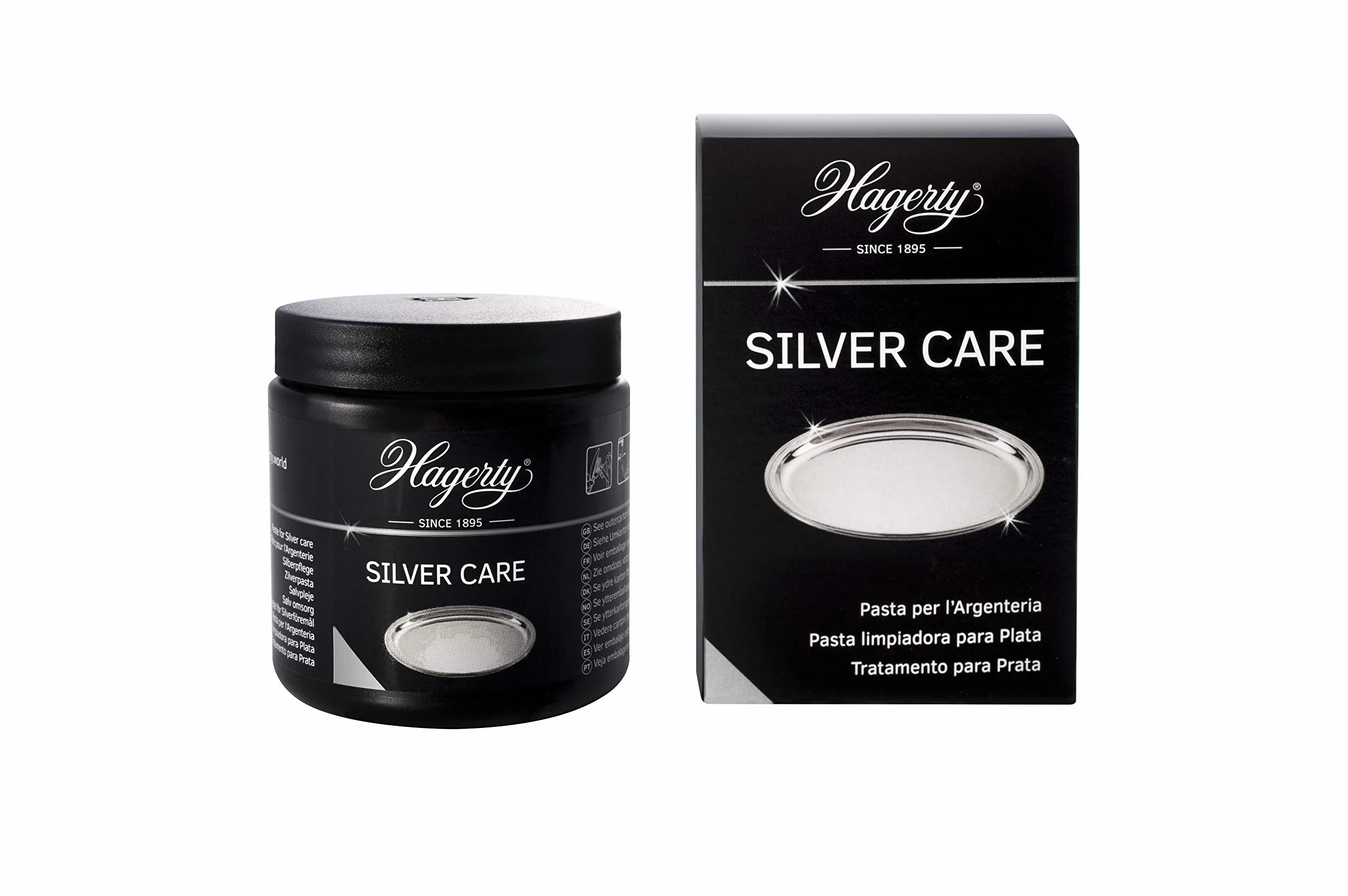 Hagerty Silver Care srebrny krem 185 g, skuteczna politura do czyszczenia i pielęgnacji srebra i metali srebrnych, środek czyszczący do utlenionych sztućców, talerzy, tac, z gąbką