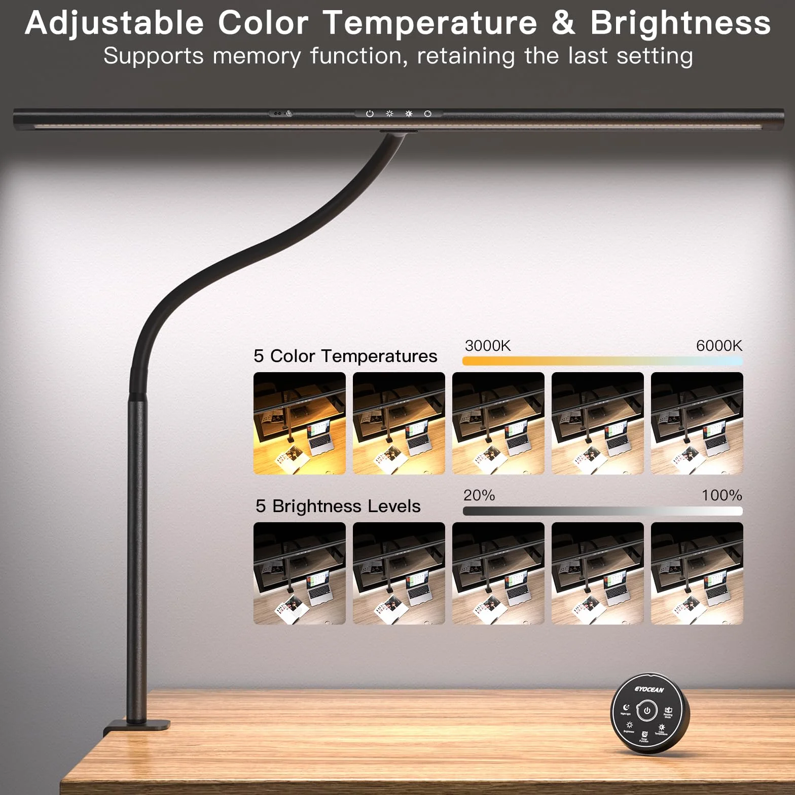 EYOCEAN Lampa biurkowa LED ze sterowaniem gestami i pilotem, 24 W, 80 cm, zaciskowa, ściemniana, światło dzienne, dla pracowników w biurze, czytających, architektów, krawców