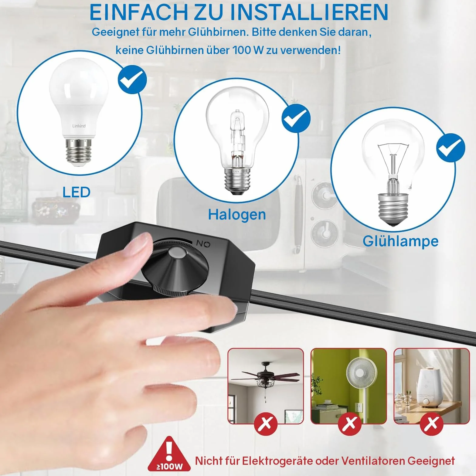 Powice Ściemniacz LED z przełącznikiem, ściemniacz do lamp LED, długi, 50 cm, wtyczka płaska, przełącznik ze ściemniaczem, przełącznik do lamp LED 220-250 V/100 W, maks