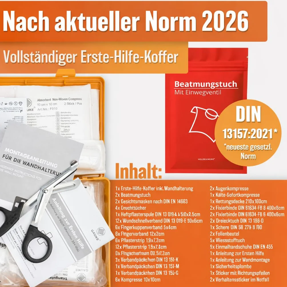 HELDENWERK Apteczka pierwszej pomocy, wersja 2026 [DIN 13157:2021] w zestawie uchwyt ścienny i 5 x naklejka, walizka pierwszej pomocy do biura, gospodarstwa domowego i gastronomii - apteczka pierwszej