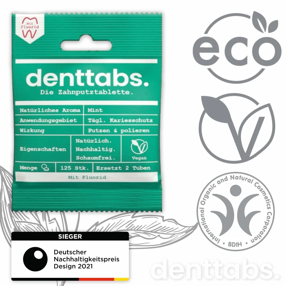 Denttabs Zestaw do mycia zębów – tabletki do czyszczenia zębów miętowe z fluorkiem zestaw 125 szt. + bambusowa szczoteczka do zębów z bambusa, ultramiękka