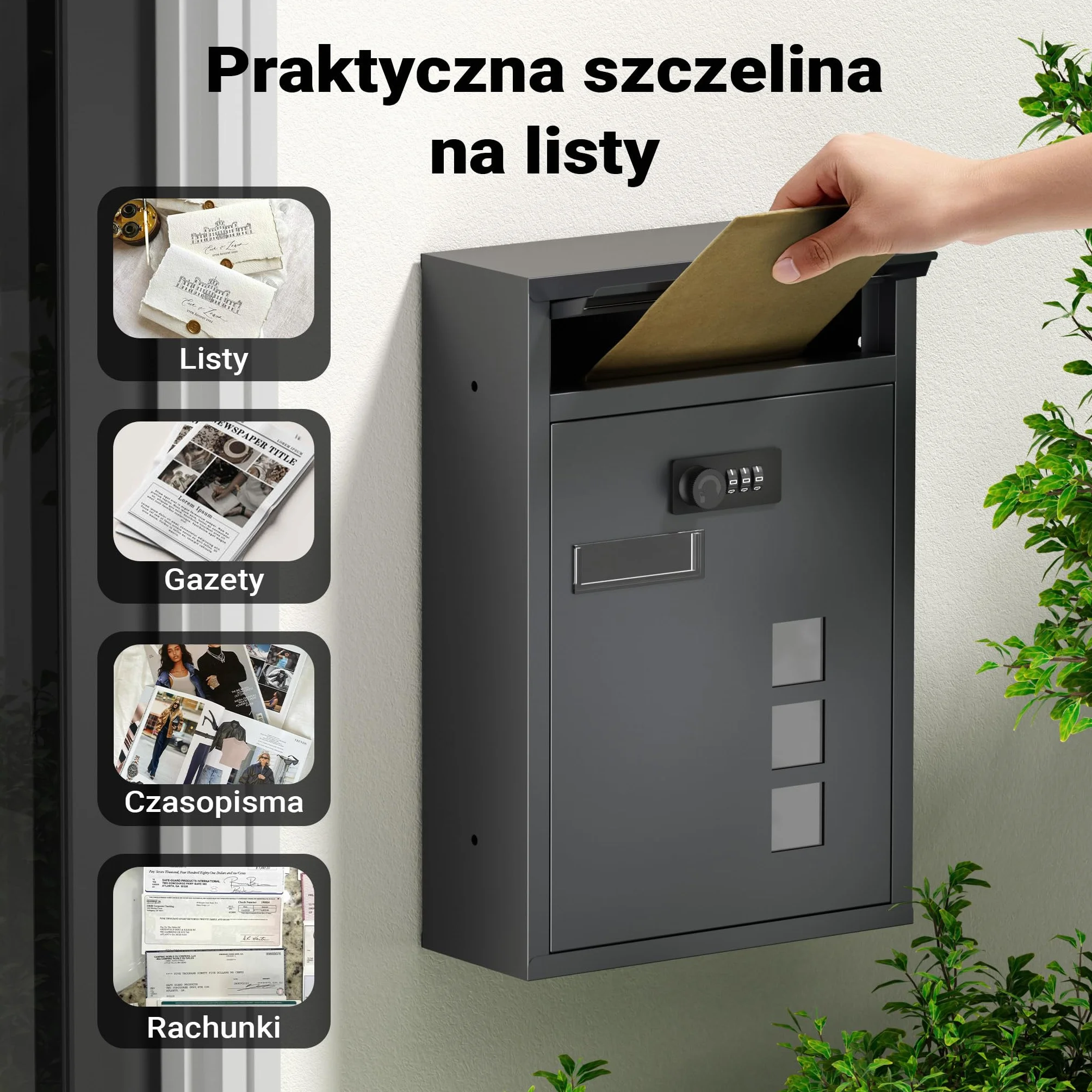 Wiltec Skrzynka na listy z zamkiem szyfrowym, imiennikiem i wizjerem, antracytowa skrzynka pocztowa do montażu na ścianie, stalowa, malowana proszkowo
