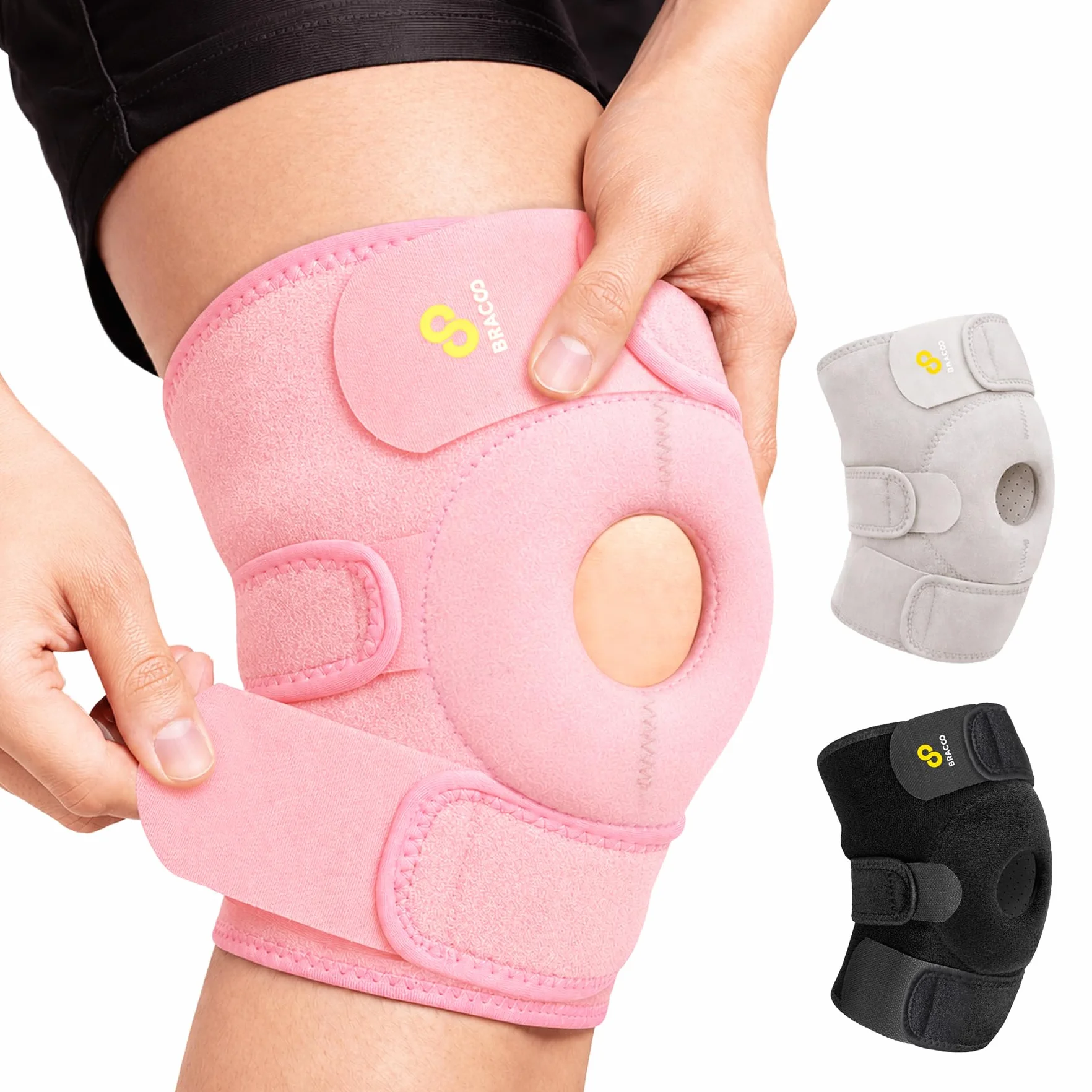 BRACOO Regulowana opaska na rzepkę KS10, podtrzymująca ścięgno, na ból stawów, regeneracja, bieganie, różowa