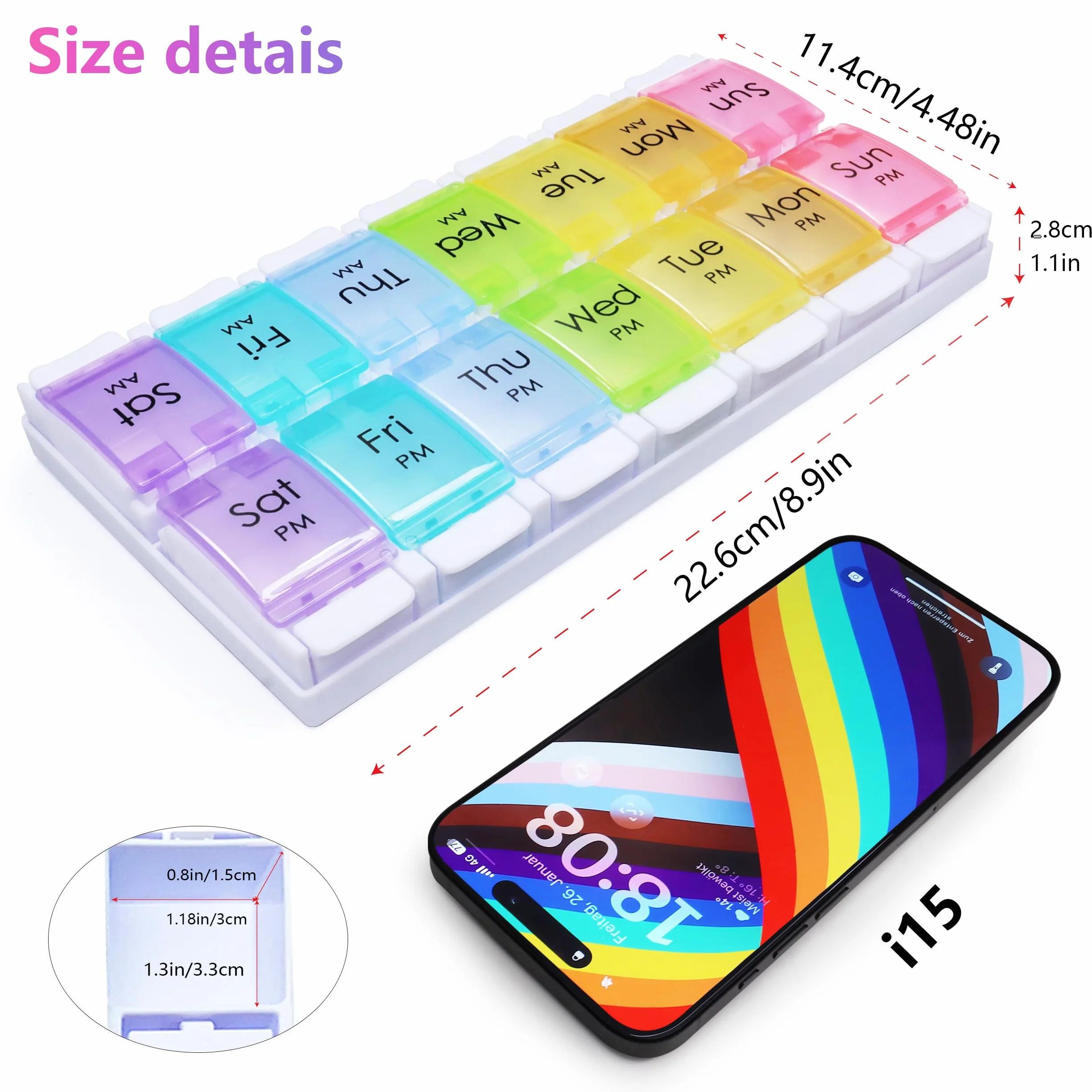 MOLN HYMY 7 Day Pill Organizer AM PM Large Capacity Weekly Pill Box Twice Daily Rainbow Morning Evening Pill Case 14 Dividers BPA-Free Medicine Organizer