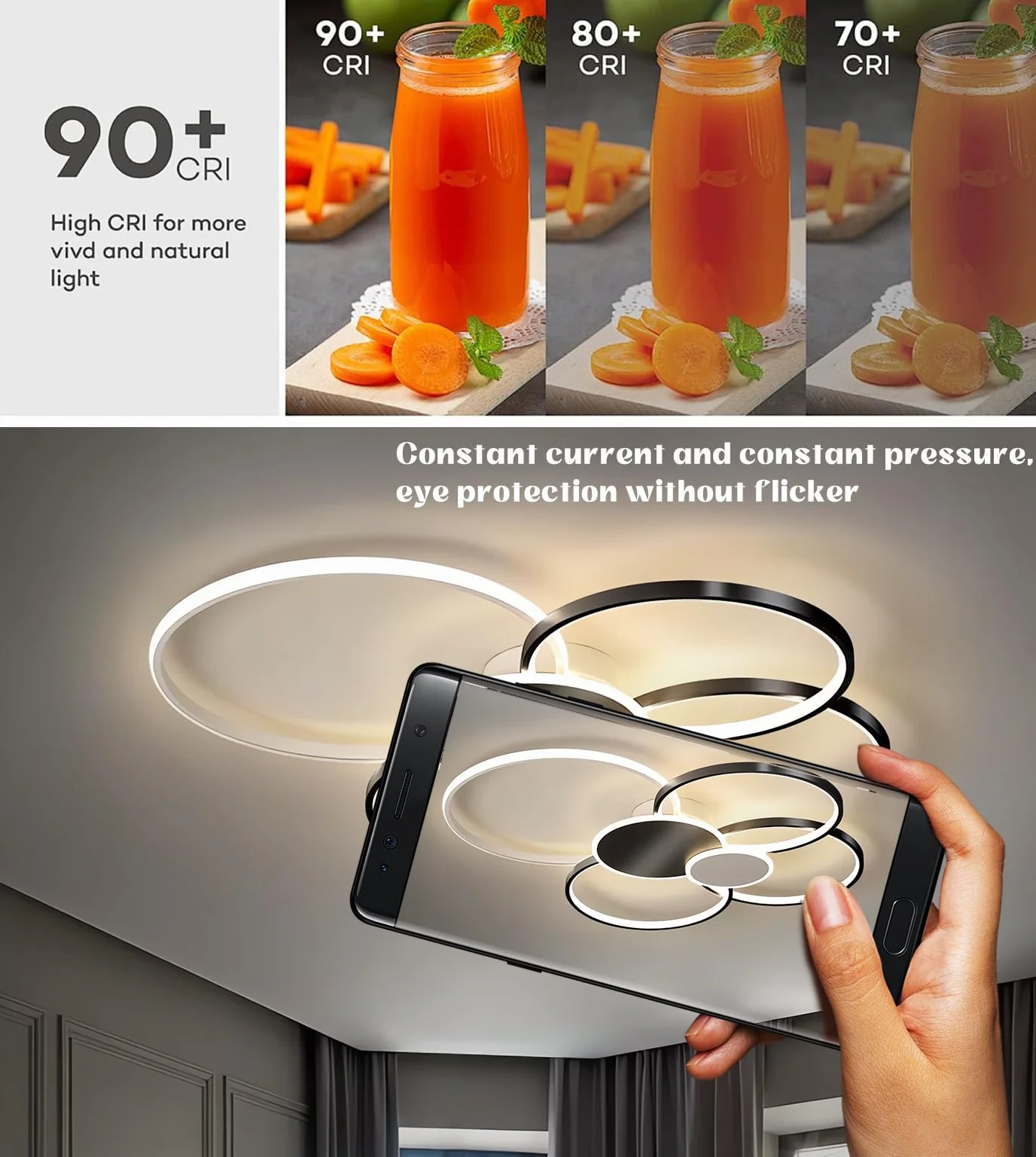 Ściemnialna lampa sufitowa LED Salon Nowoczesne oświetlenie sufitowe Kreatywna 6-pierścieniowa lampa sufitowa z pilotem Oświetlenie wnętrza Sypialnia Jadalnia Kuchnia Lampa (Czerń & Biały, 80cm)