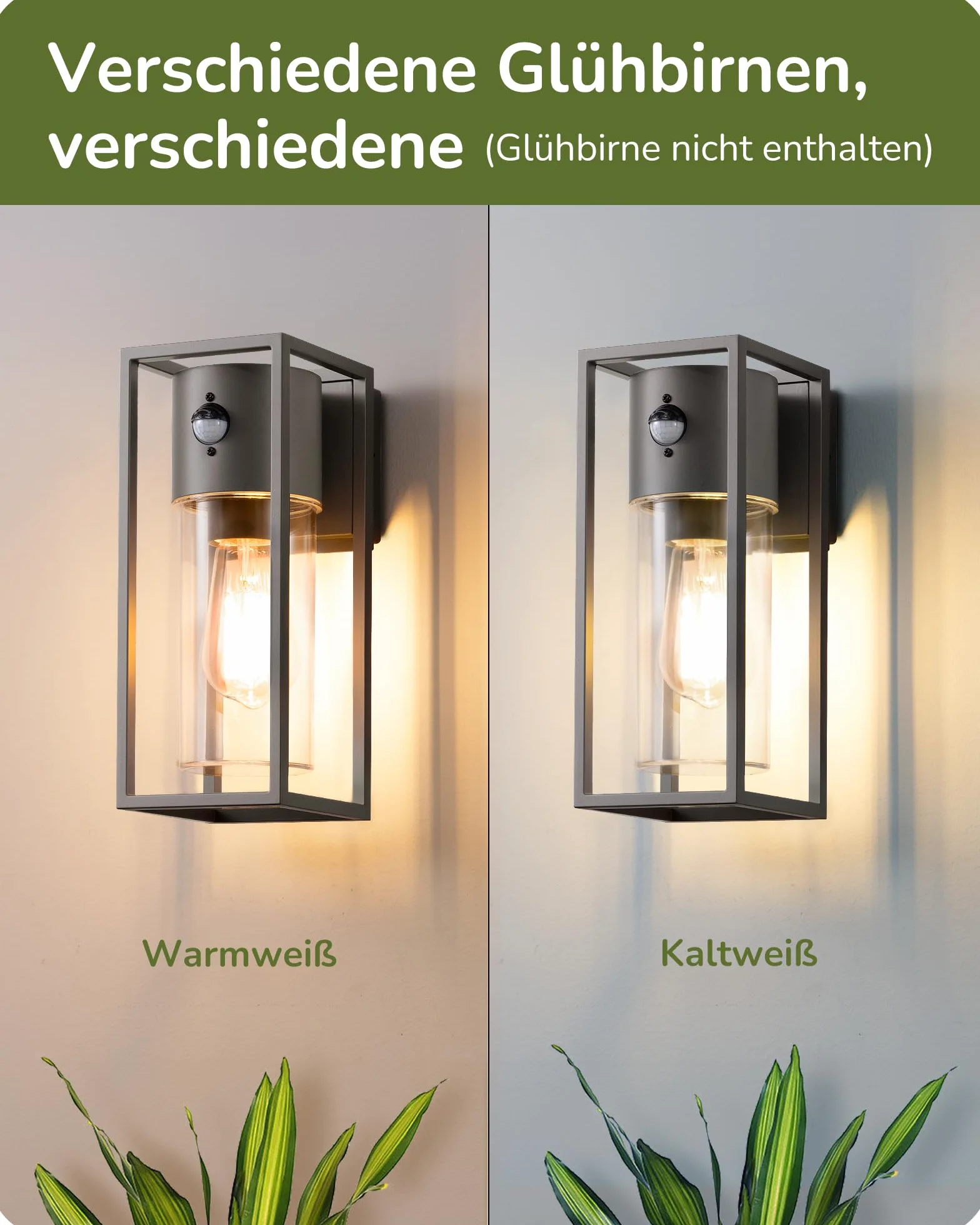 EDISHINE Zewnętrzna lampa ścienna z czujnikiem ruchu, gniazdo E27, wodoodporna IP44, lampa ścienna z aluminium i szkła hartowanego do ogrodu, na taras, fasadę, żarówki nie są dołączone, antracytowa