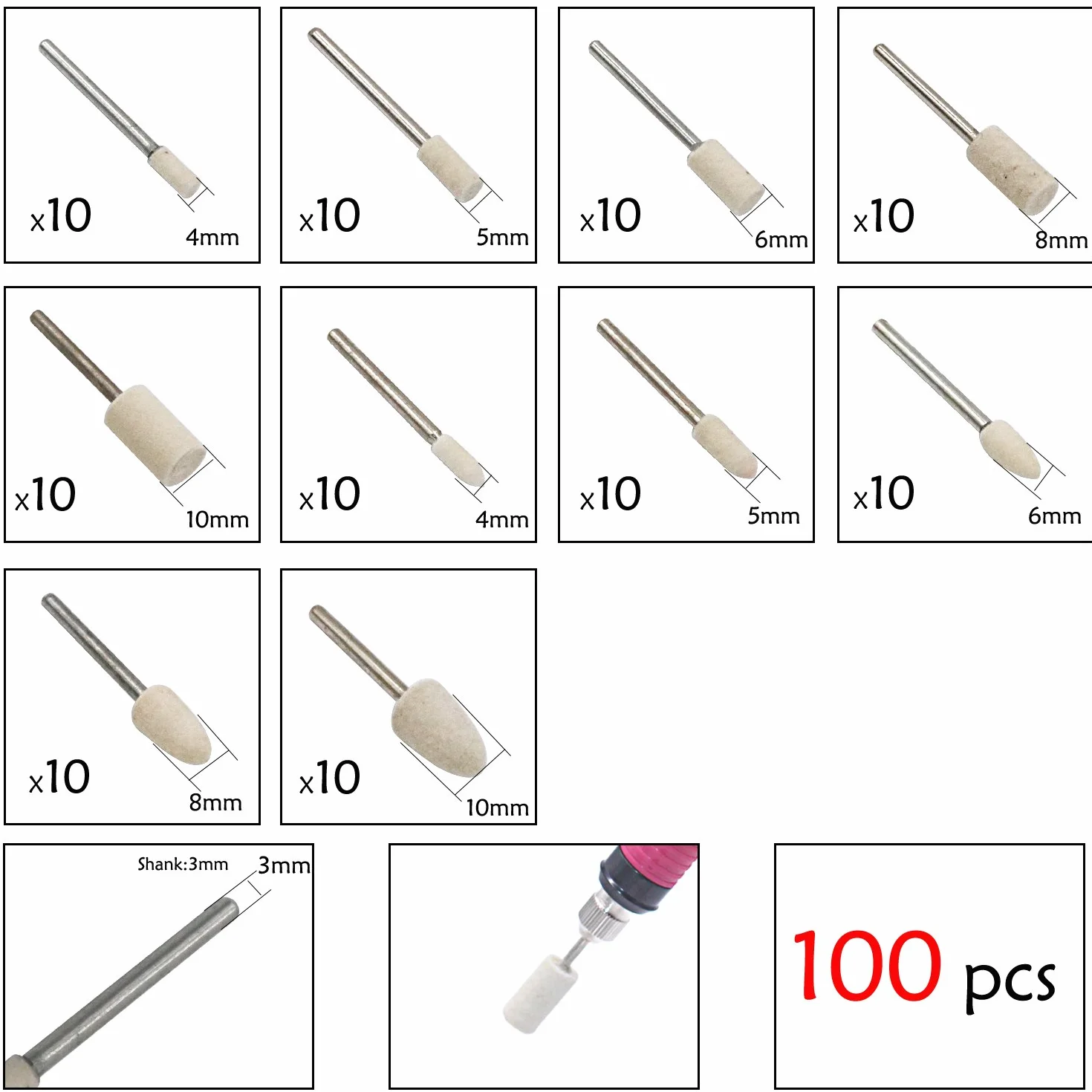 Wełniane filcowe koła polerskie do polerowania, zestaw do polerowania, akcesoria do szlifowania, nasadka do narzędzi obrotowych, trzpień 3 mm, 100 szt