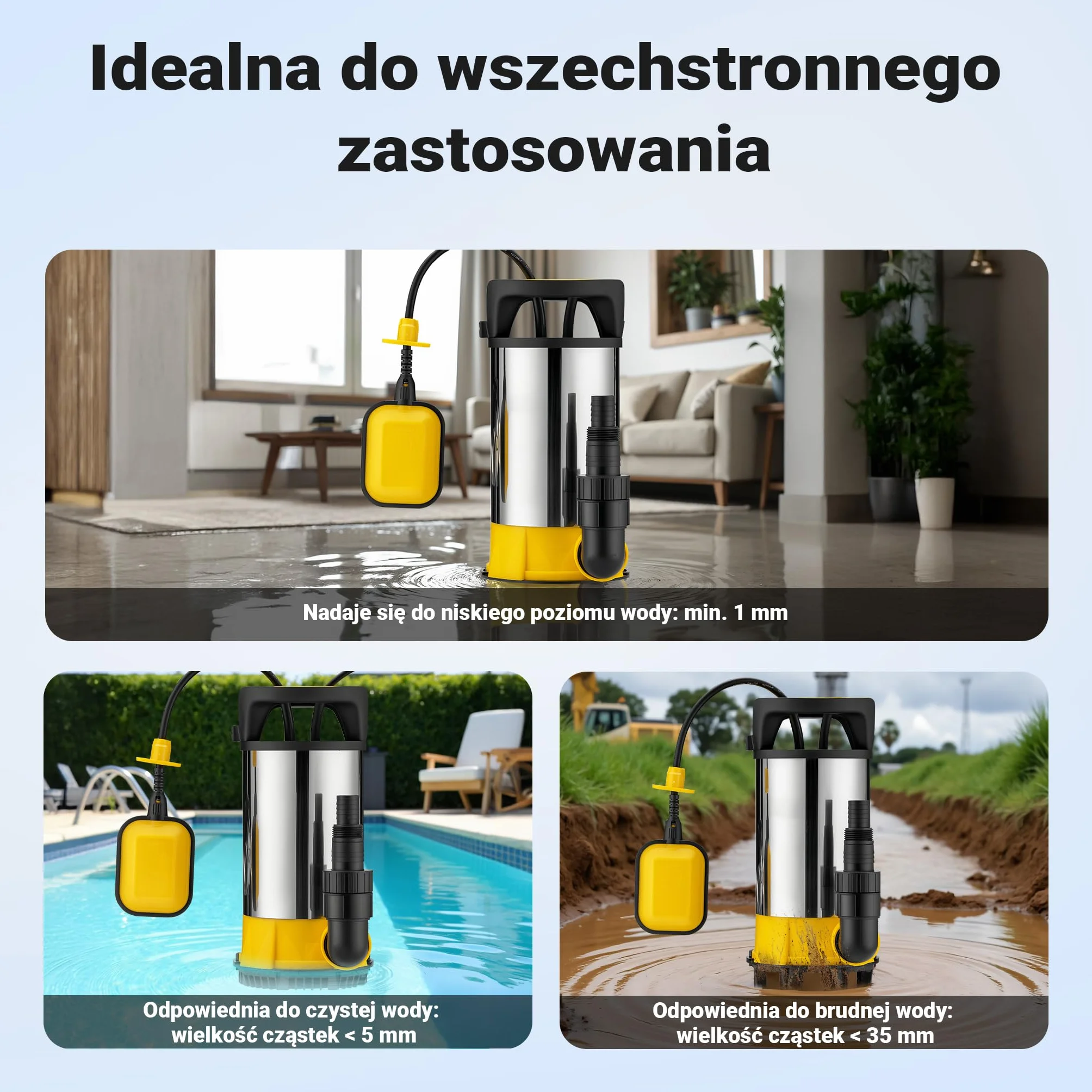 Wiltec Pompa zanurzeniowa 3-w-1 do wody czystej i brudnej, ze stali nierdzewnej i PPO, 1100 W z przepływem 18000 l/h, z dwoma podstawkami na różne wymagania