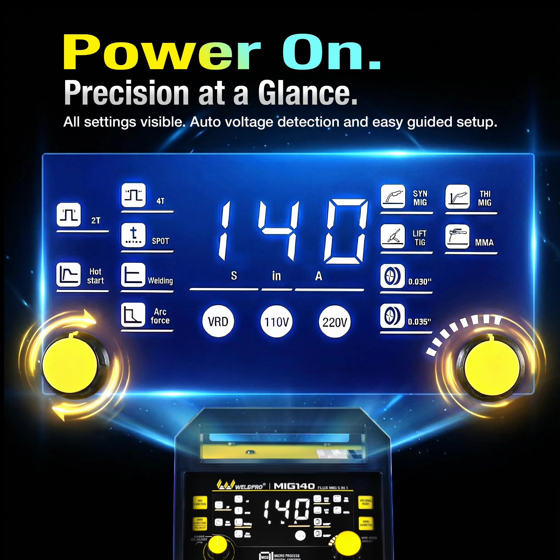 WeldPRO Lutownica MIG 140A 110/220V, lutownica rdzenia przepływowego 5 w 1, synergiczna MIG/grubość MIG/Lift TIG/MMA/spawarka punktowa, spawarka inwerterowa IGBT z cyfrowym wyświetlaczem LED