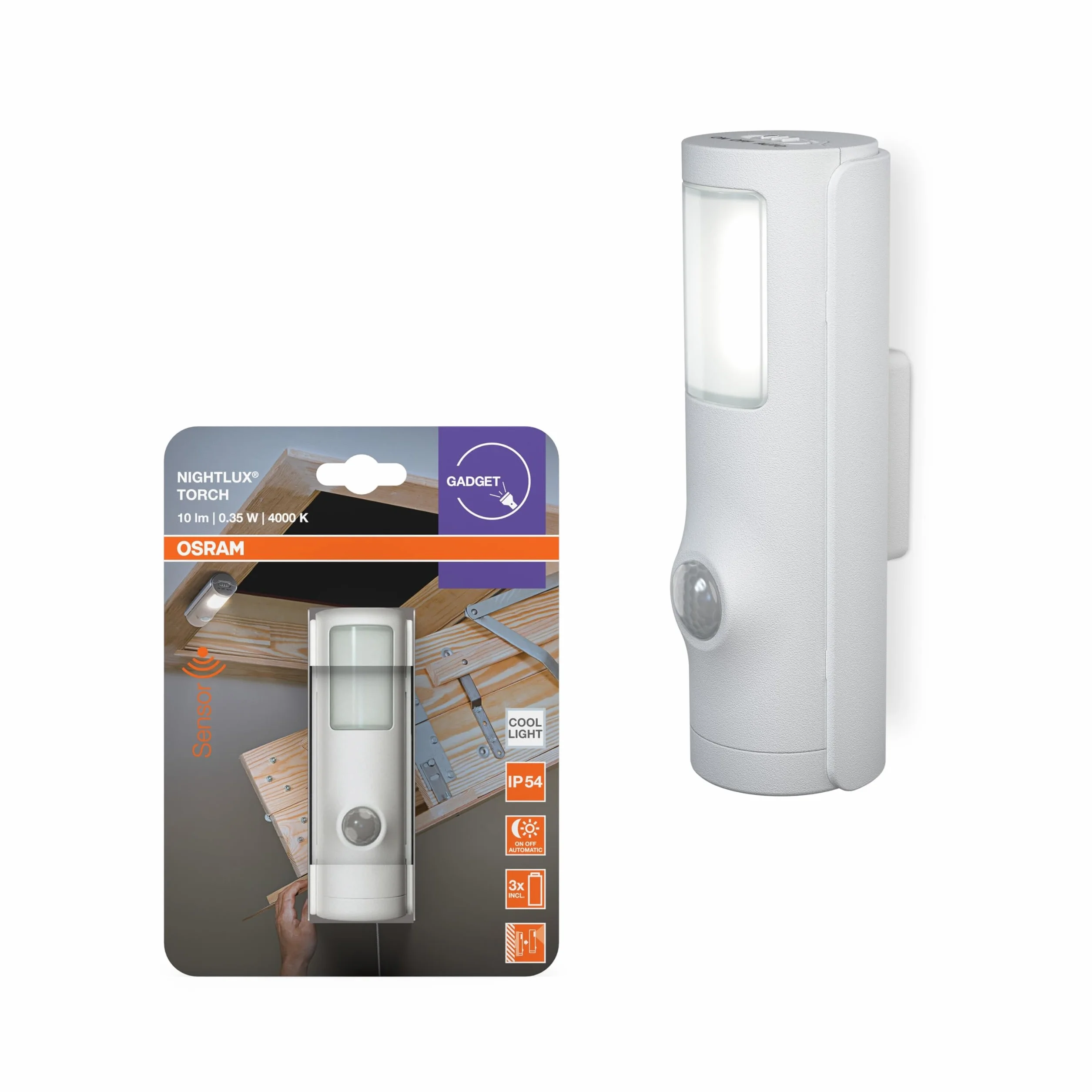 OSRAM Lampka nocna Torch LED z czujnikiem ruchu, biała, funkcja latarki 2 w 1, czujnik światła, zasilana bateryjnie, wodoszczelność IP54