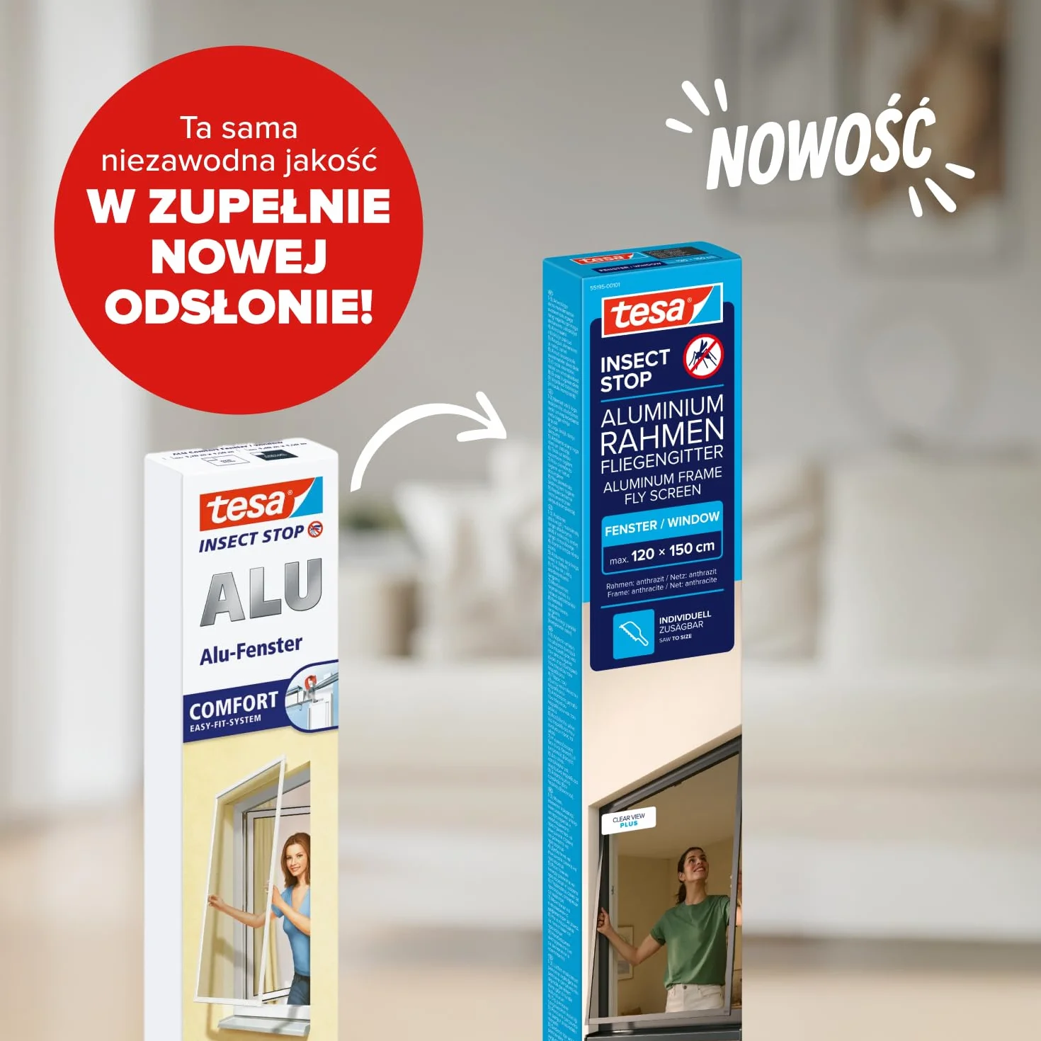 tesa INSECT STOP Aluminium for Window Frame Fly Screen - siatka z ramą aluminiową, bez wiercenia, antracyt - 120 x 150 cm
