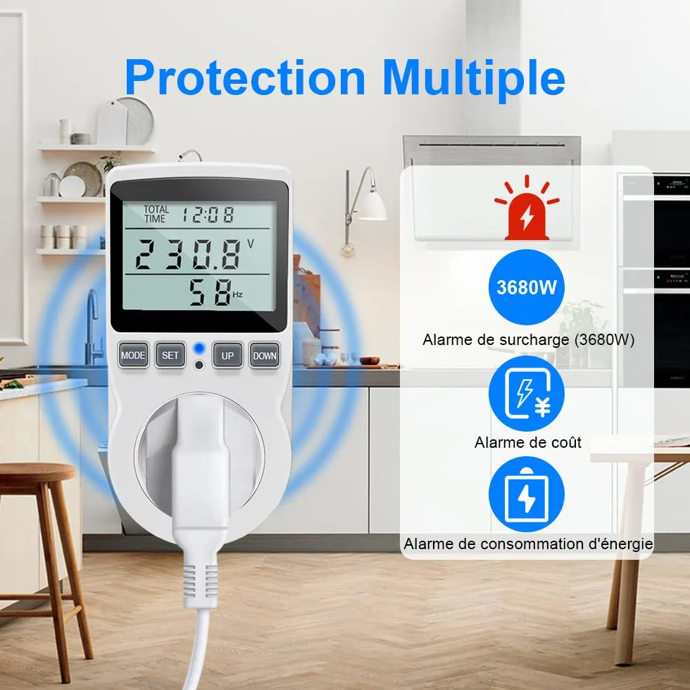 KETOTEK Miernik mocy z miernikiem mocy, licznik zużycia energii z wyświetlaczem LCD, gniazdko elektryczne ochrona przed przeciążeniem 3680 W (typ E)
