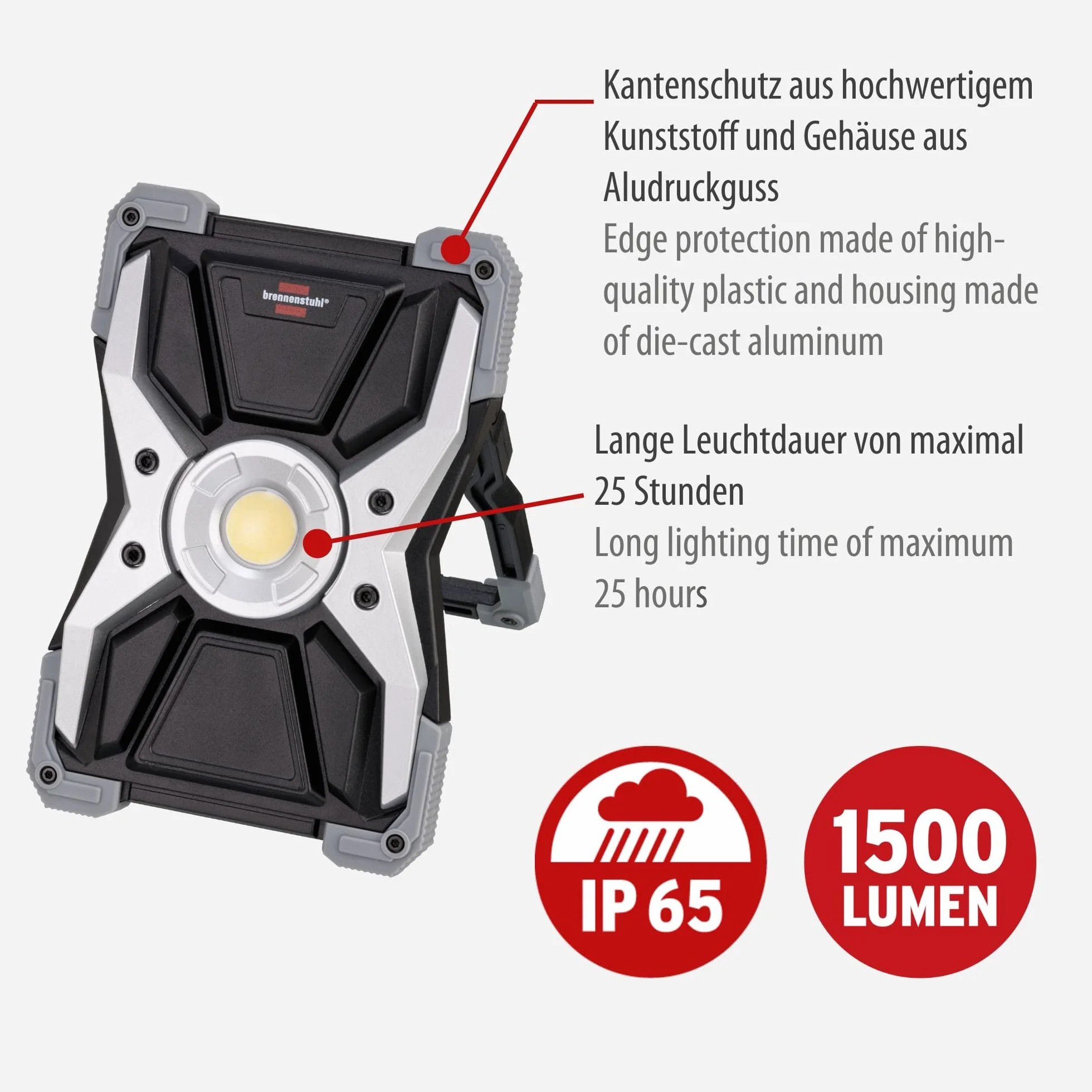 Brennenstuhl Lampa Robocza RUFUS/Reflektor Roboczy do Warsztatu (Reflektor Budowlany z Funkcją Powerbank, z Kablem do Ładowania, 1500lm, IP65)