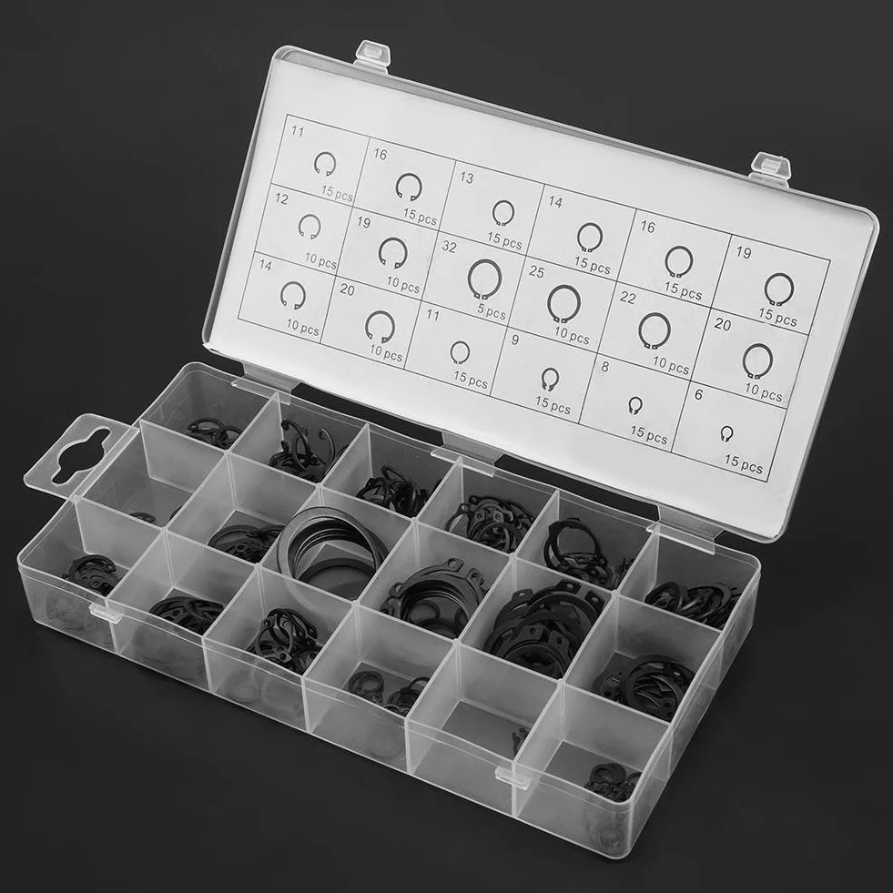 225 szt. C-Clip Snap Ring Shop Asortyment 18 rozmiarów wewnętrzny i zewnętrzny metalowy pierścień zabezpieczający zatrzask asortyment spinek zabezpieczających z pudełkiem.
