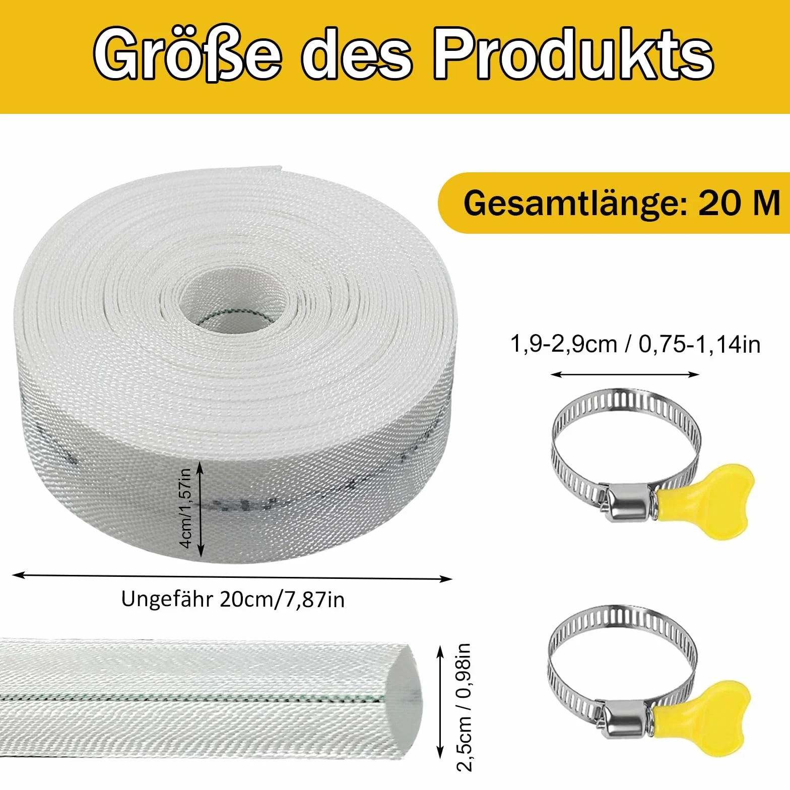 Wąż tkany, 20 m Ø 25 mm, wąż płaski, 1 cal, przenośny wąż z 2 obejmami, do pomp głębinowych, nawadniania ogrodu, biały