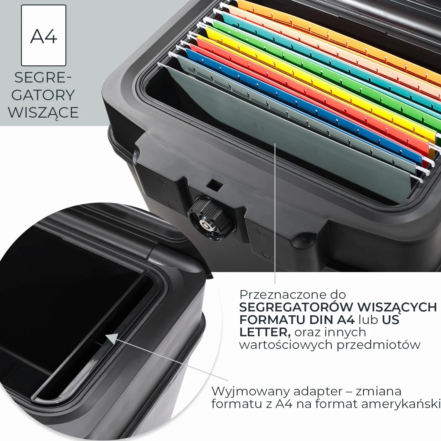 HMF 250453 ognioodporne wodoszczelne pudełko na dokumenty, DIN A4, do wiszących teczek, czarne