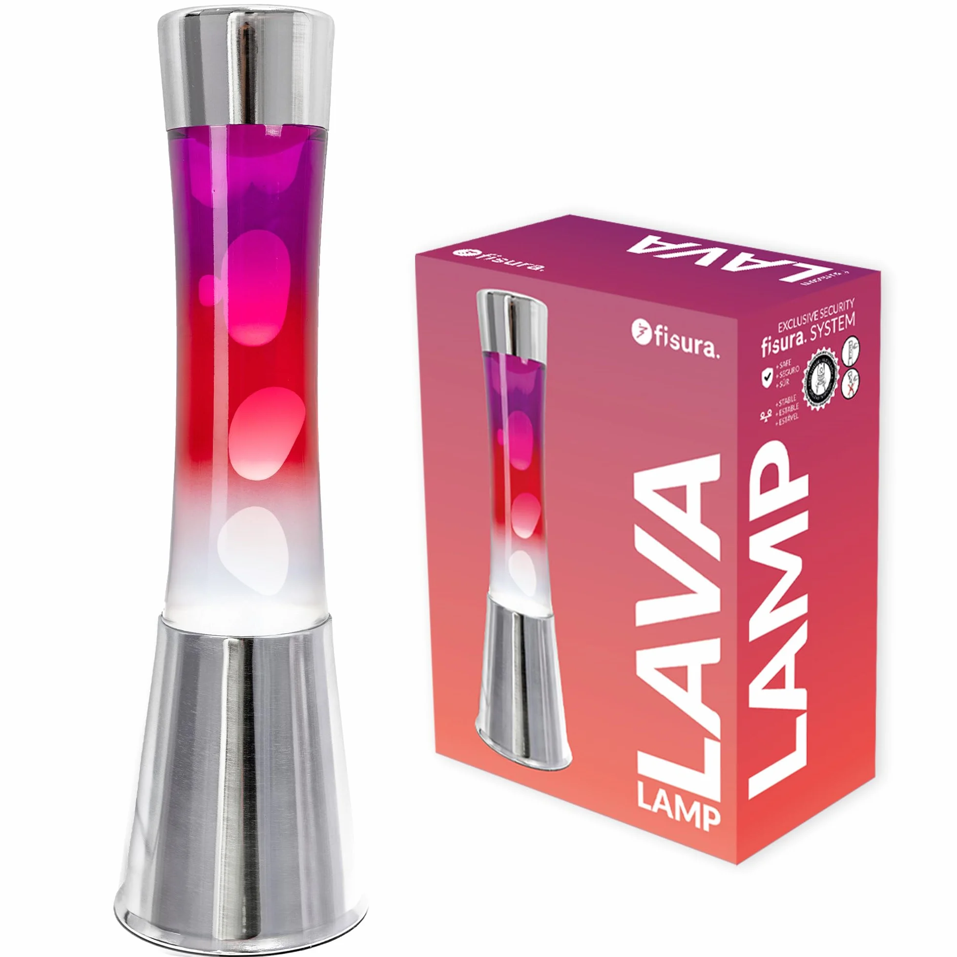 Fisura – Lampa z lawą „gradient czerwony”. Podstawa chromowana, butelka z efektem przejścia od fioletowego do białego. Lampa relaksacyjna z zapasową żarówką. 11 cm x 11 cm x 39,5 cm.
