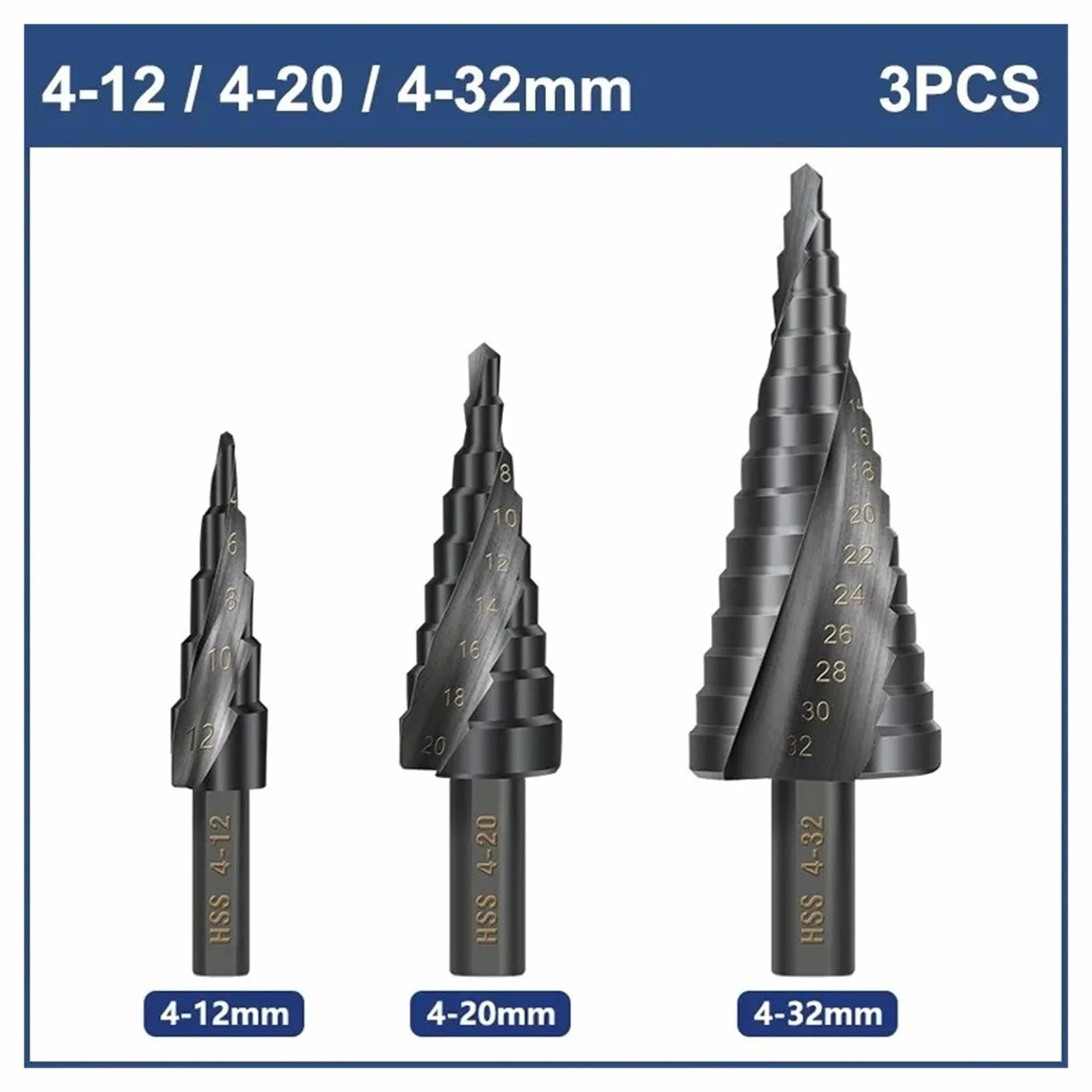 Wiertło stopniowe do metalu 4-12/20/32 mm, 6-30 mm, HSS, zestaw stożków kobaltowych, narzędzie do wiercenia otworów w drewnie/metalu(3pcs Set without bag)
