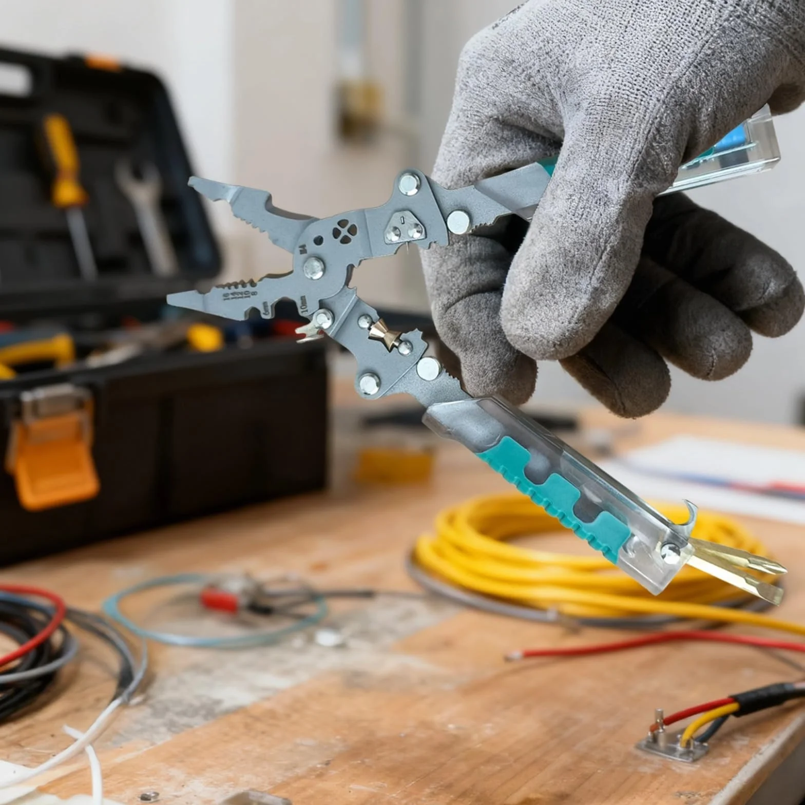 Wielofunkcyjny ściągacz izolacji z testerem napięcia, szczypce elektryczne dla elektryków z zestawem narzędzi do cięcia drutu, zaciskania i ściągania izolacji, 21,5 x 12 x 9,5 cm