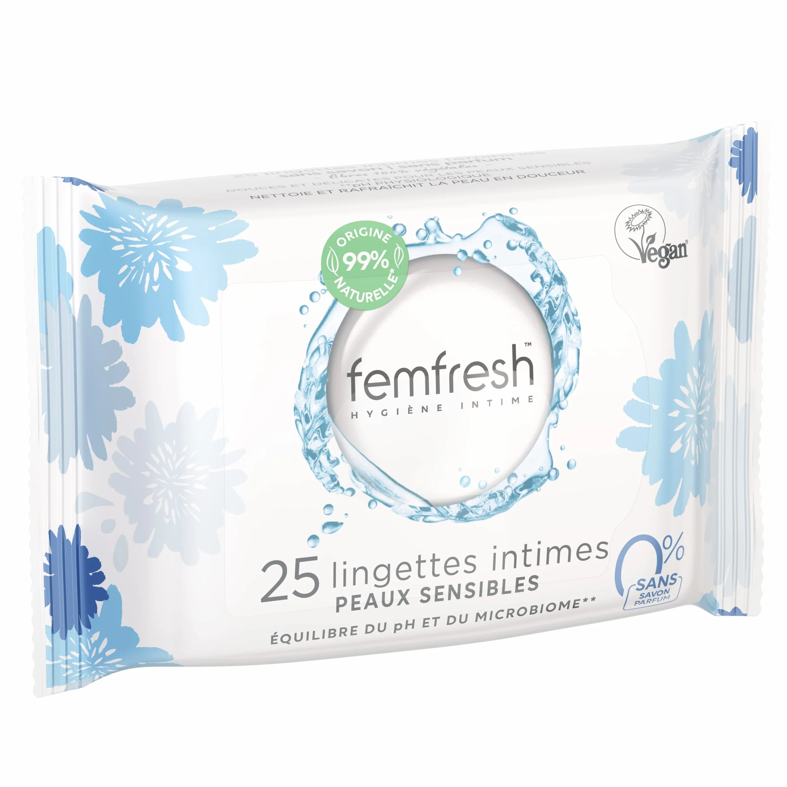 Femfresh - Chusteczki intymne do skóry wrażliwej 0%, aloes i nagietek - 25 chusteczek